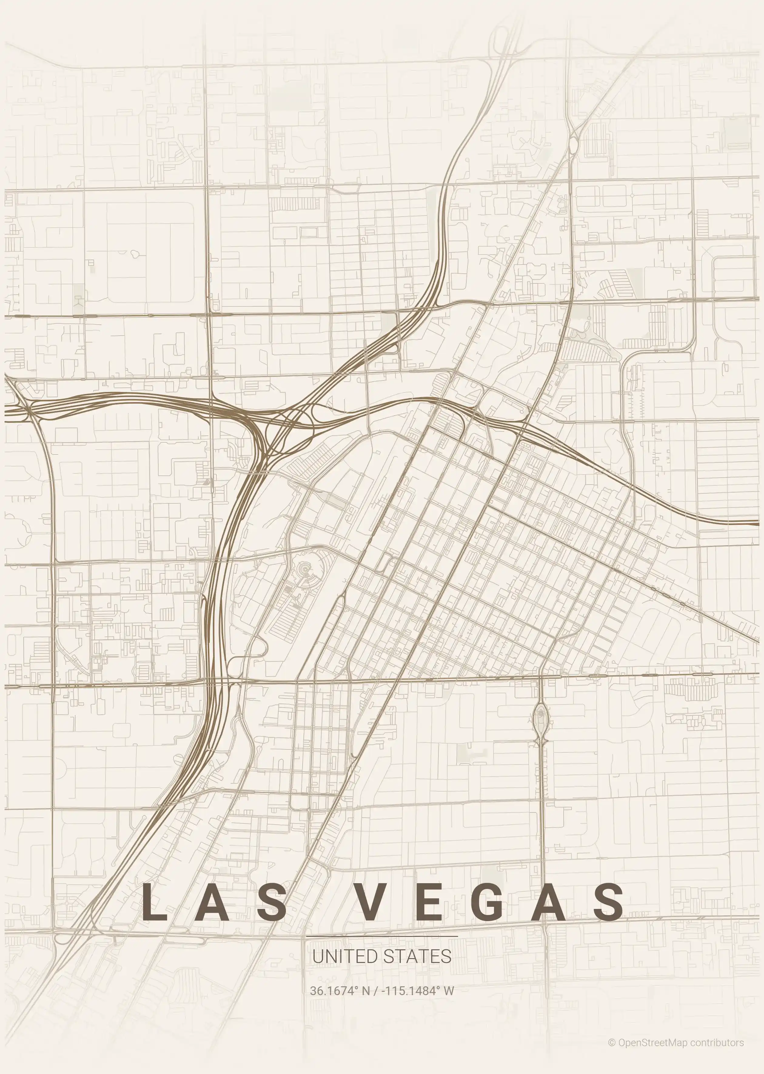 Minimalist warm_beige street map of Las Vegas, United States - Urban grid art