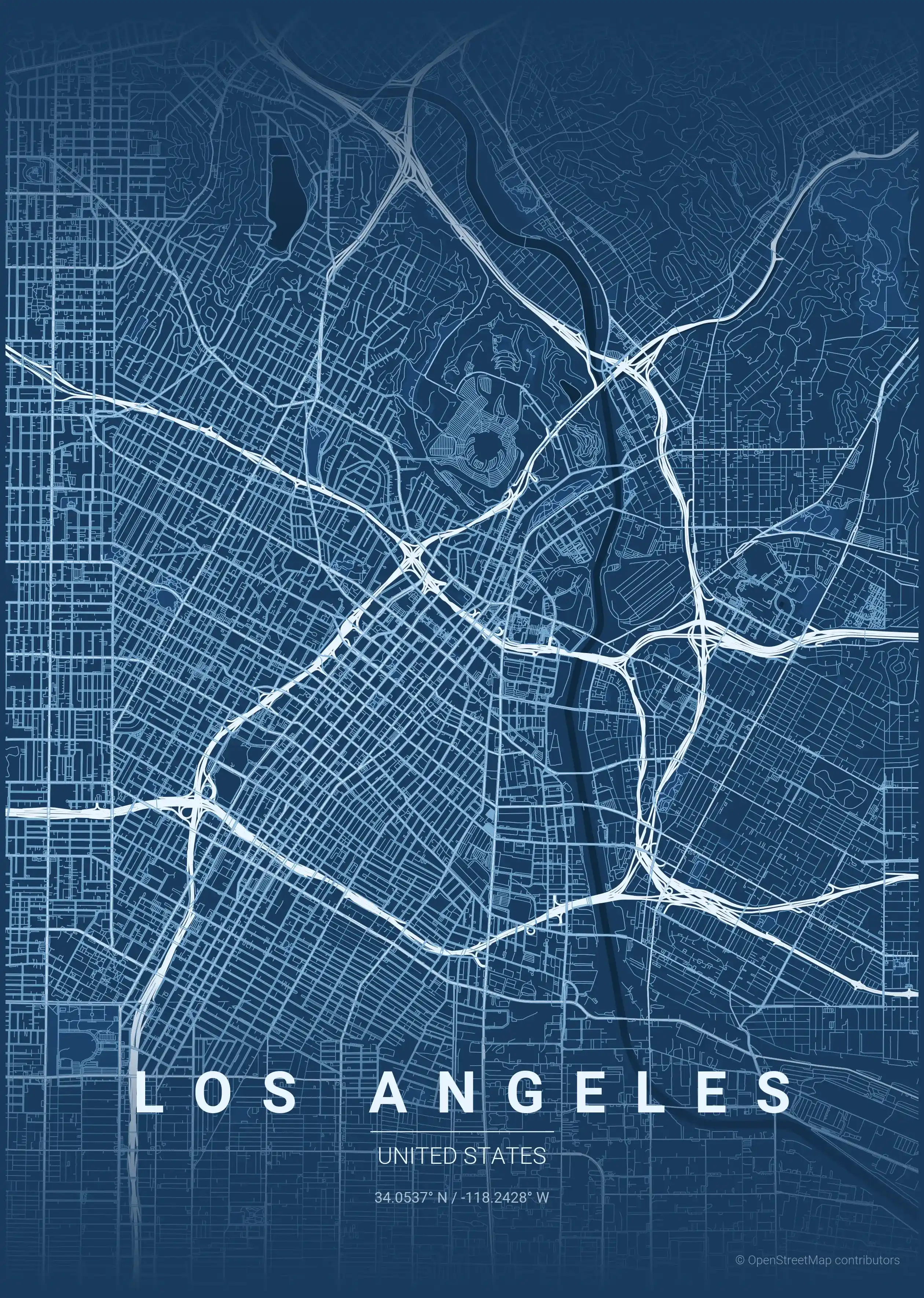 Minimalist blueprint street map of Los Angeles, United States - Urban grid art