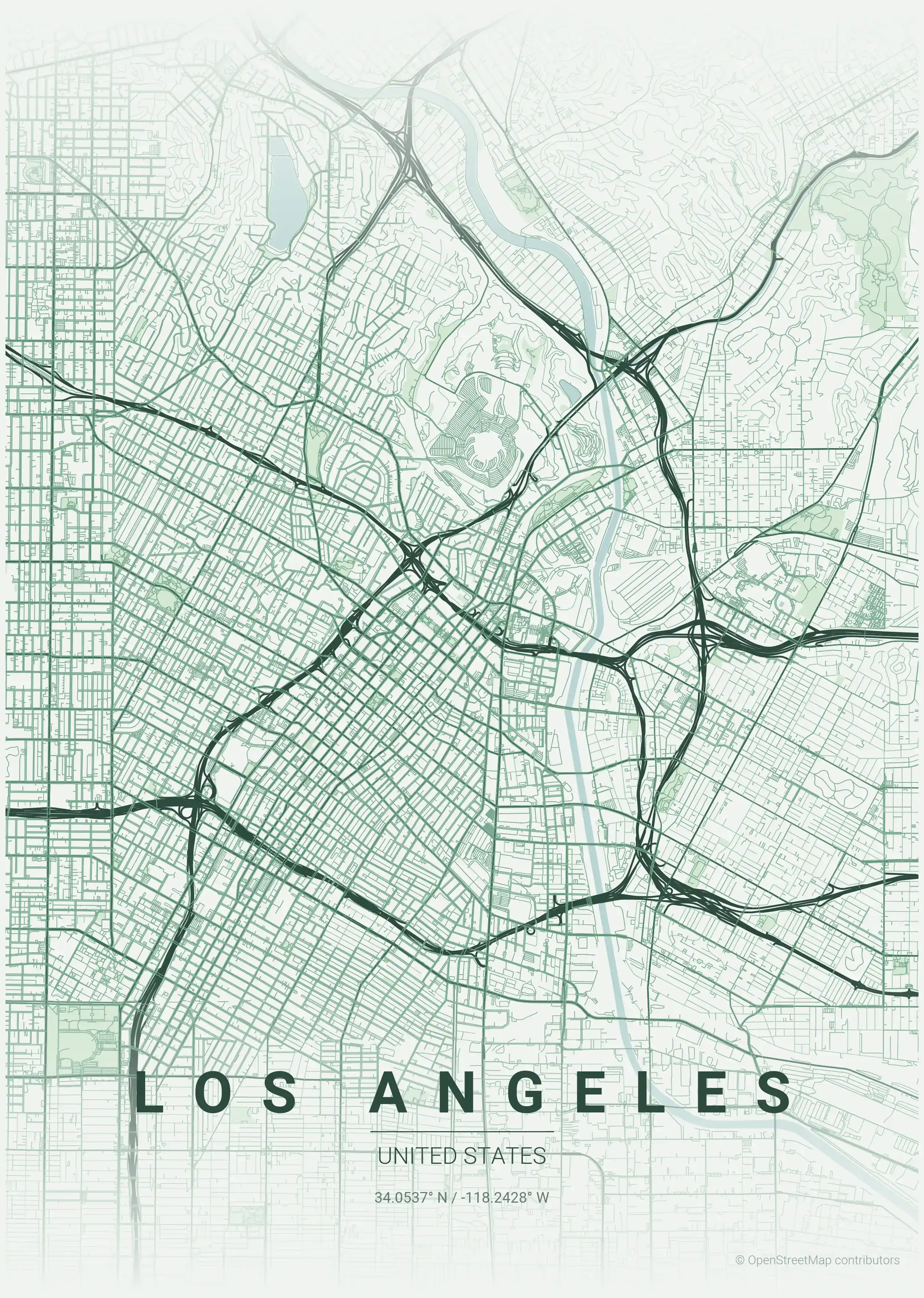 Minimalist forest street map of Los Angeles, United States - Urban grid art