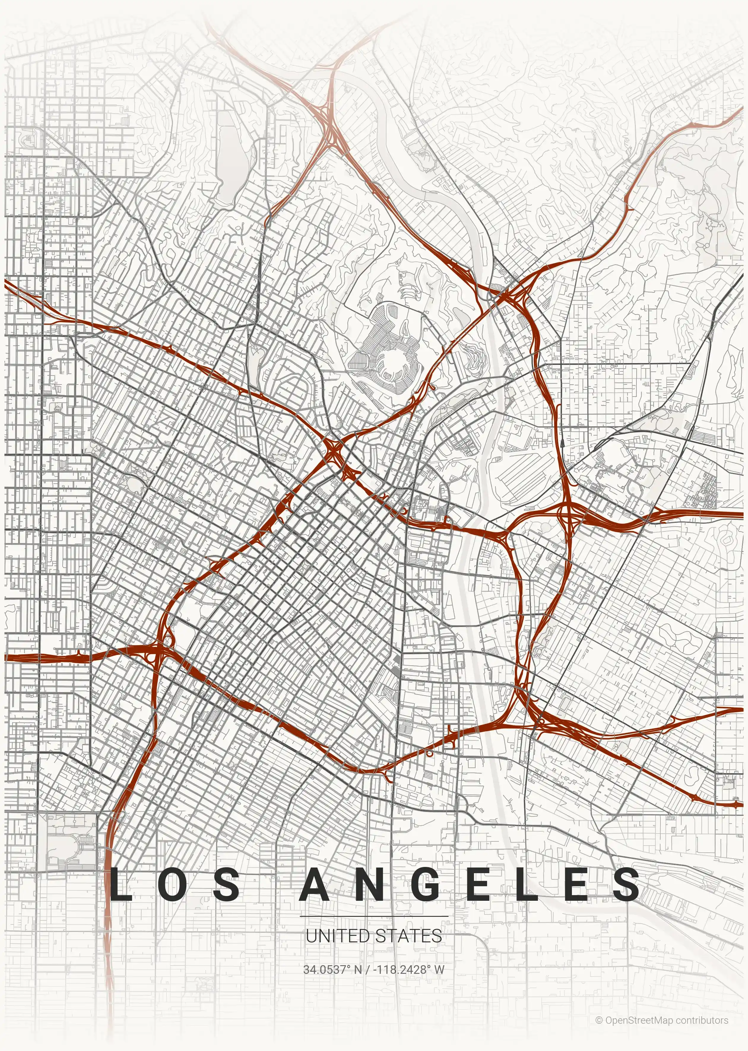 Minimalist japanese_ink street map of Los Angeles, United States - Urban grid art