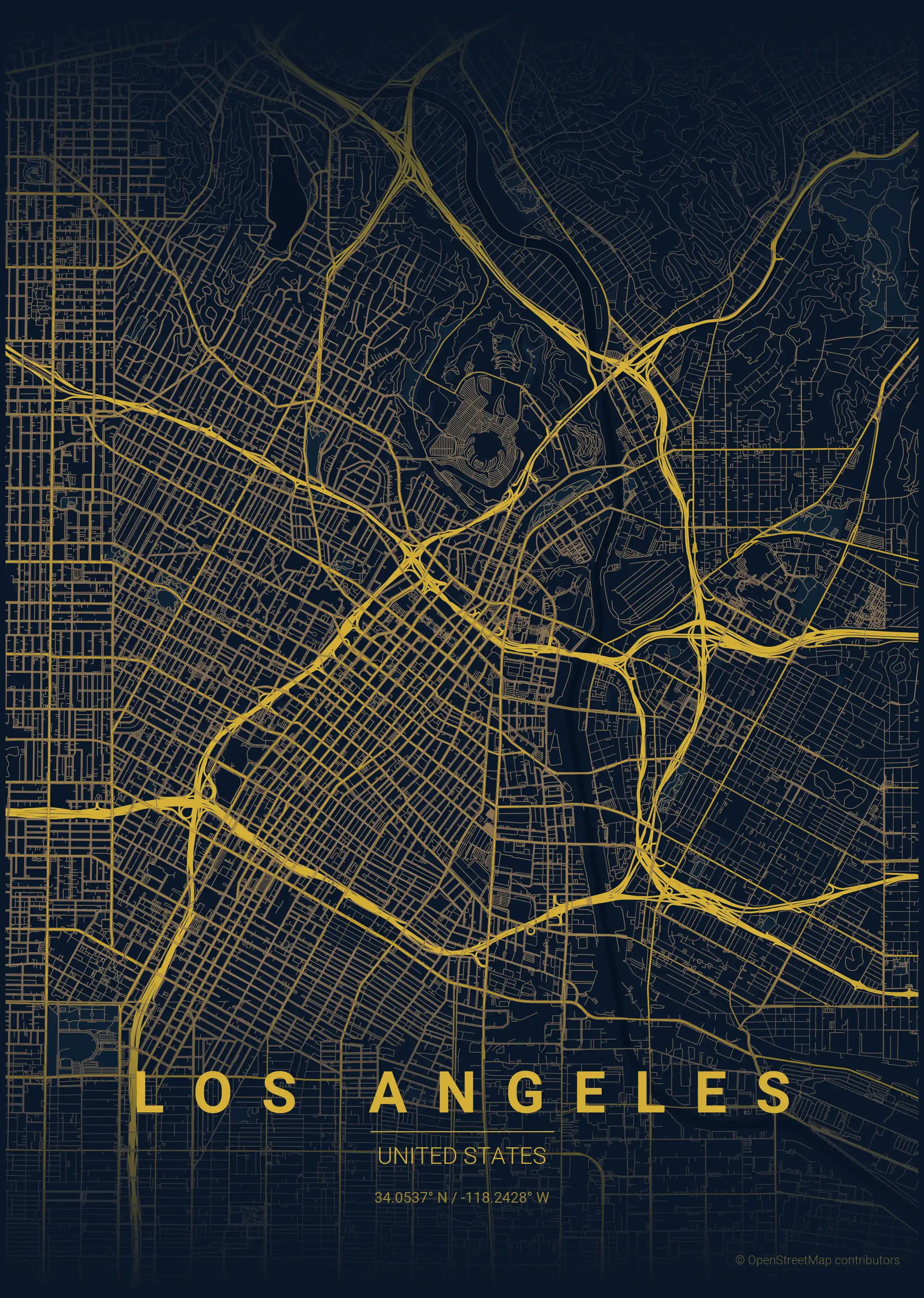 Minimalist midnight_blue street map of Los Angeles, United States - Urban grid art