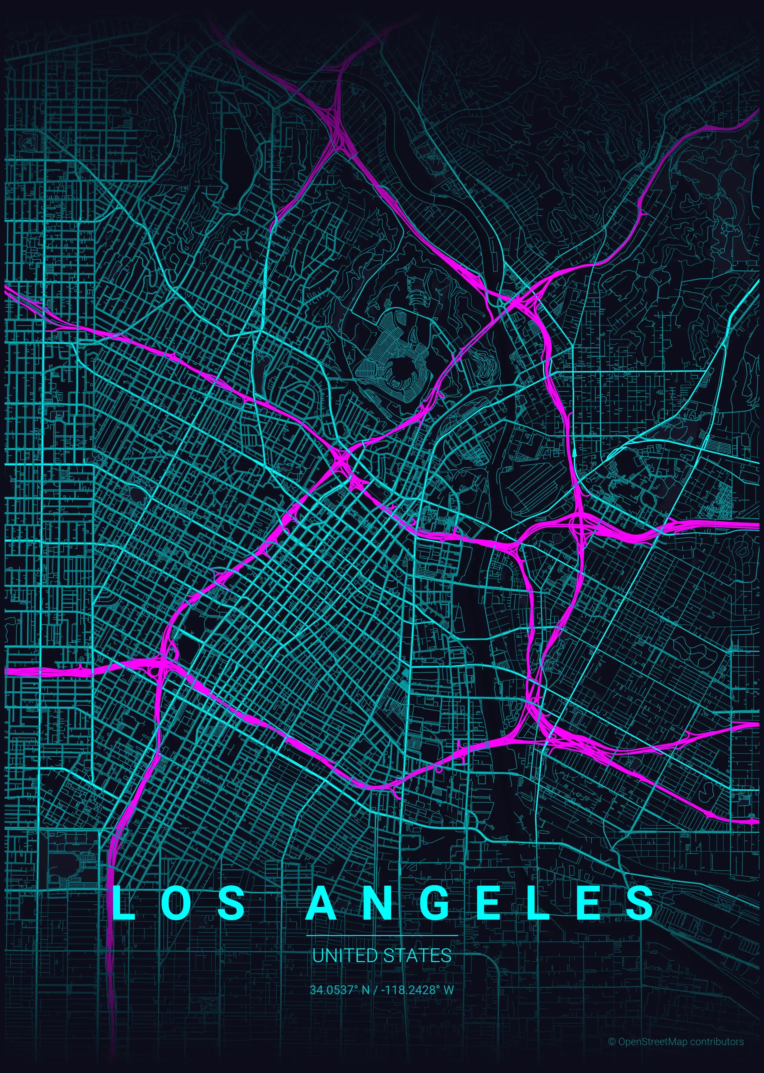 Minimalist neon_cyberpunk street map of Los Angeles, United States - Urban grid art