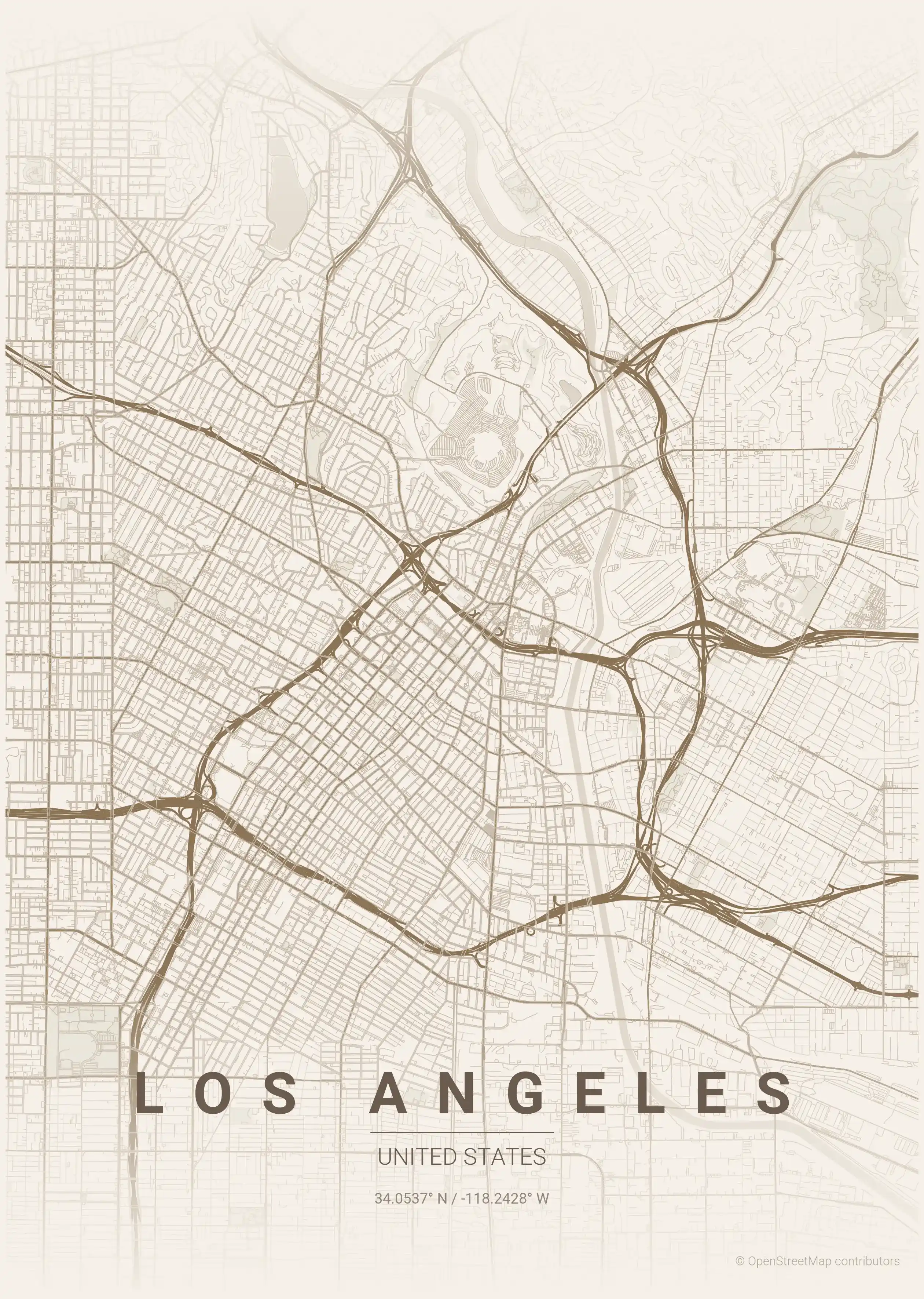 Minimalist warm_beige street map of Los Angeles, United States - Urban grid art
