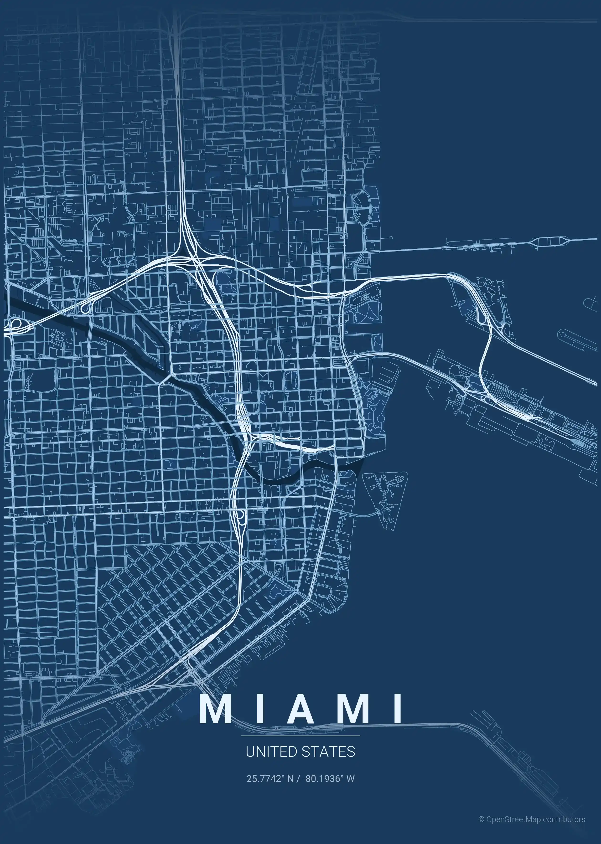 Minimalist blueprint street map of Miami, United States - Urban grid art