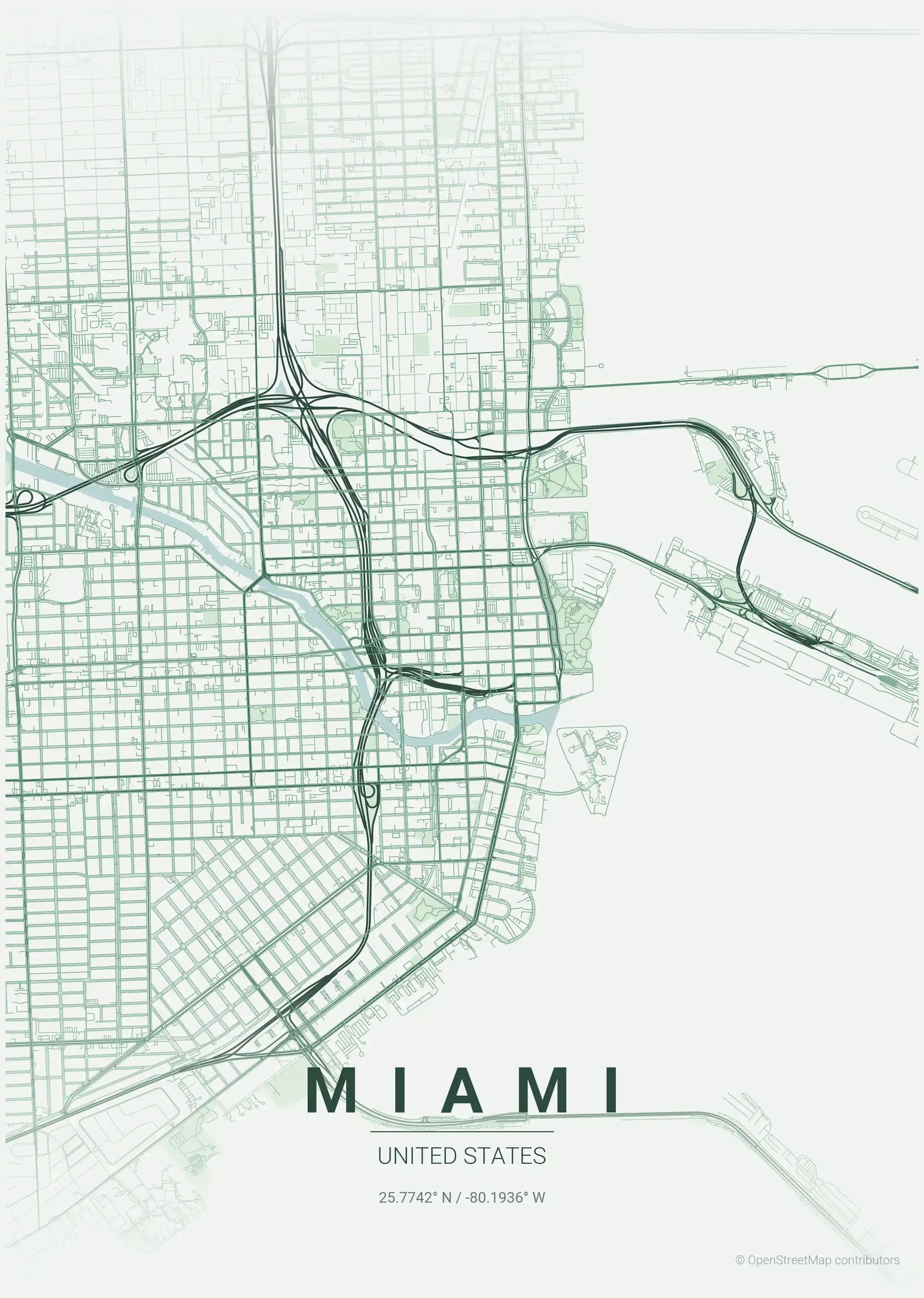 Minimalist forest street map of Miami, United States - Urban grid art