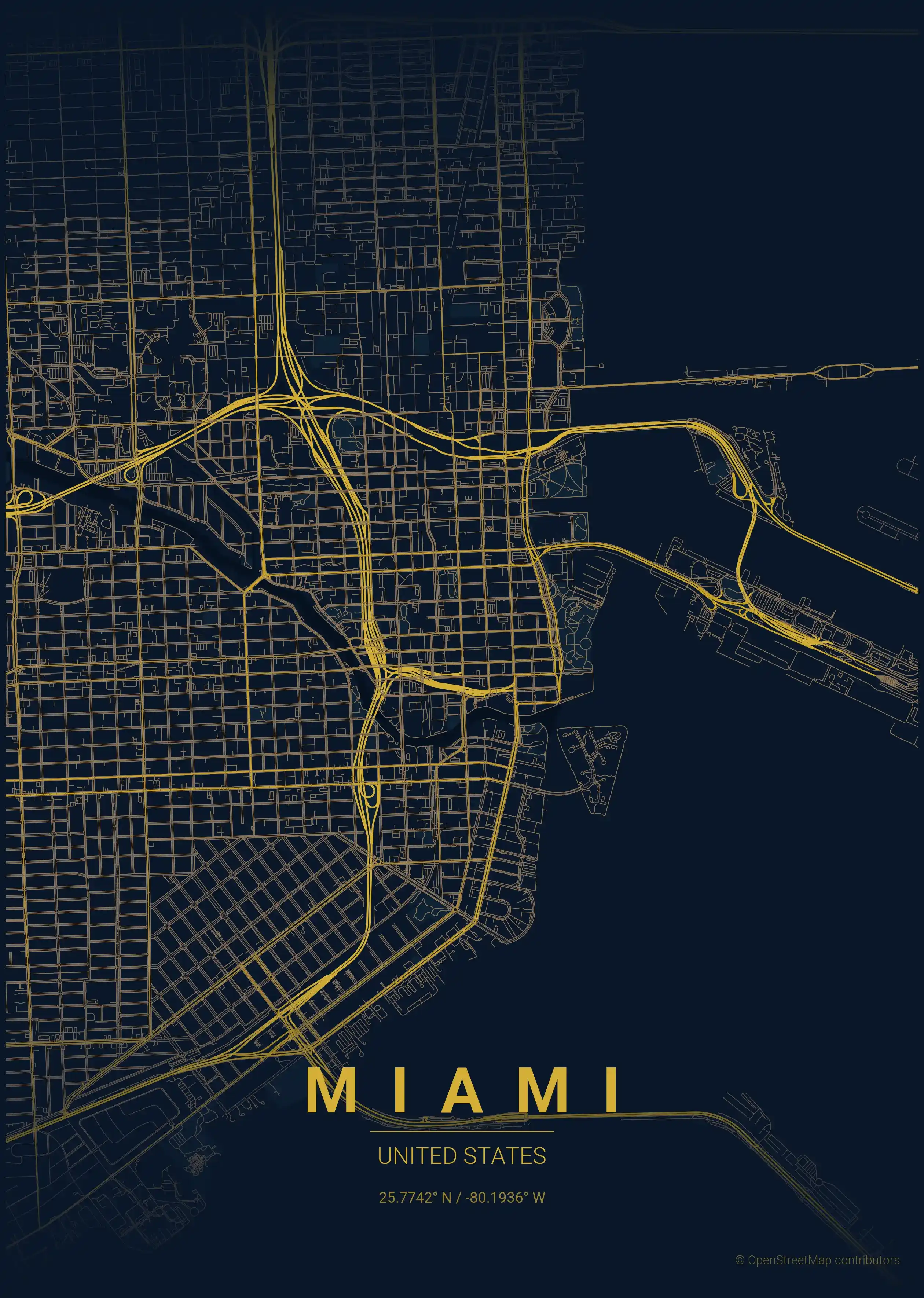 Minimalist midnight_blue street map of Miami, United States - Urban grid art