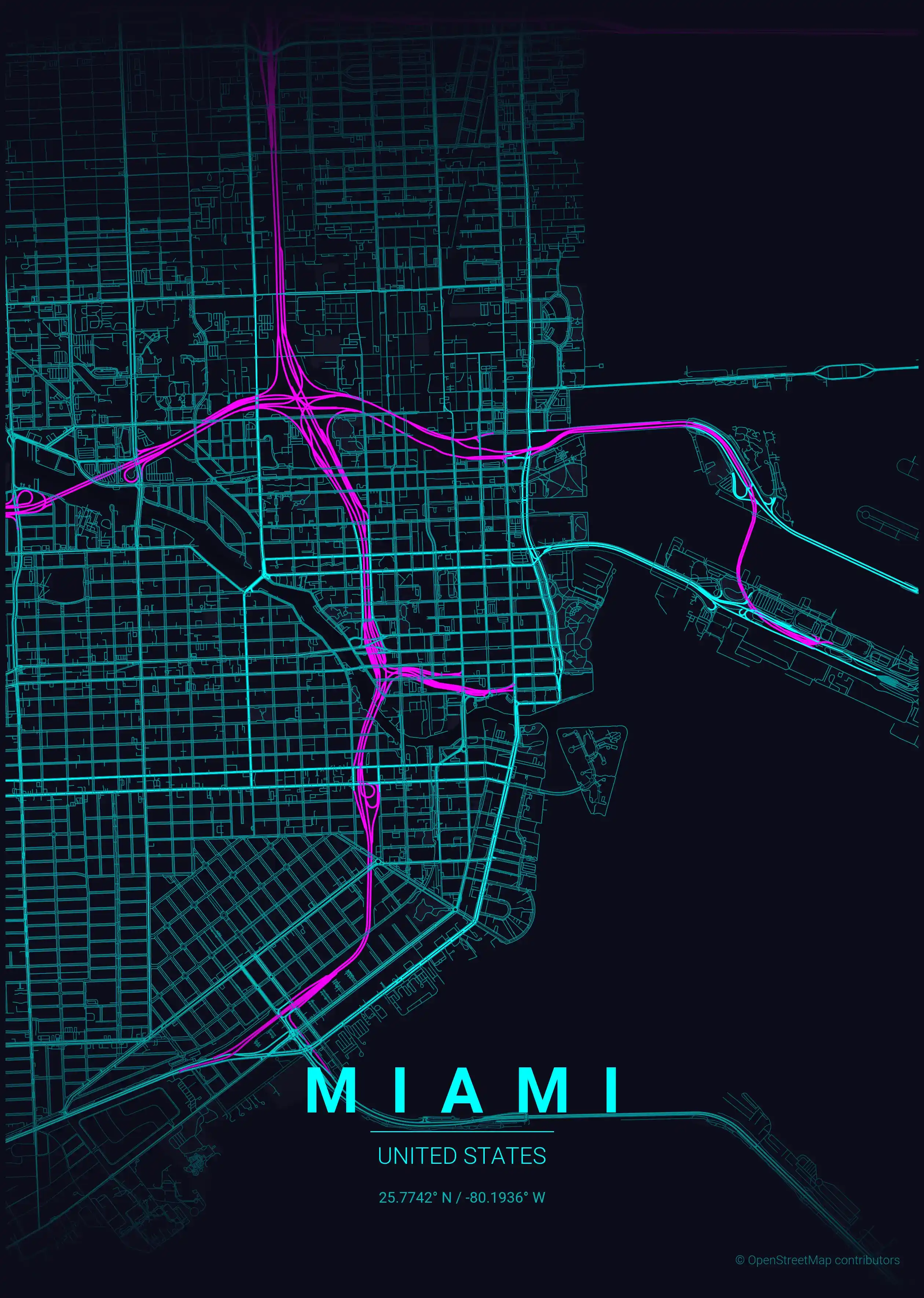 Minimalist neon_cyberpunk street map of Miami, United States - Urban grid art