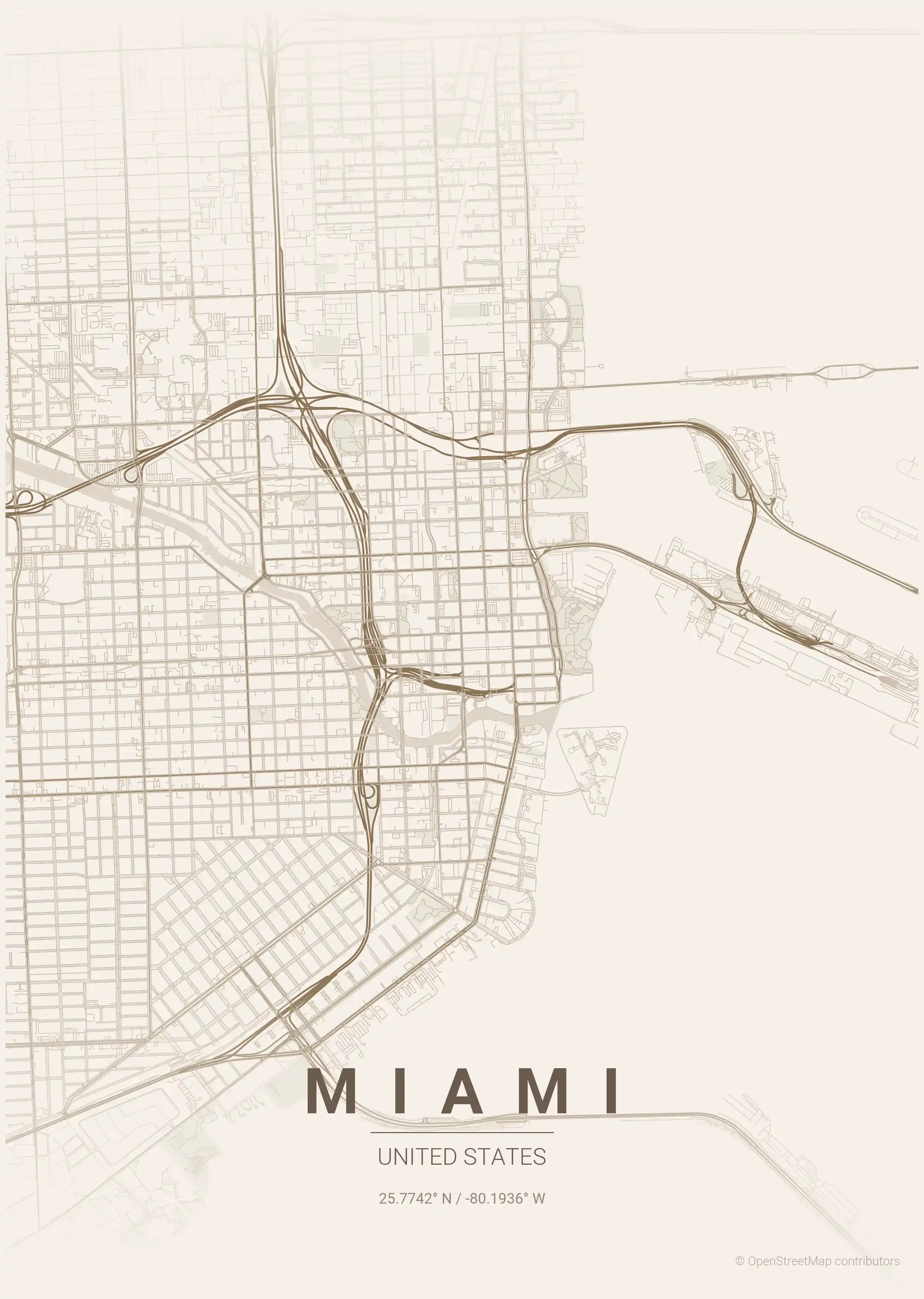 Minimalist warm_beige street map of Miami, United States - Urban grid art