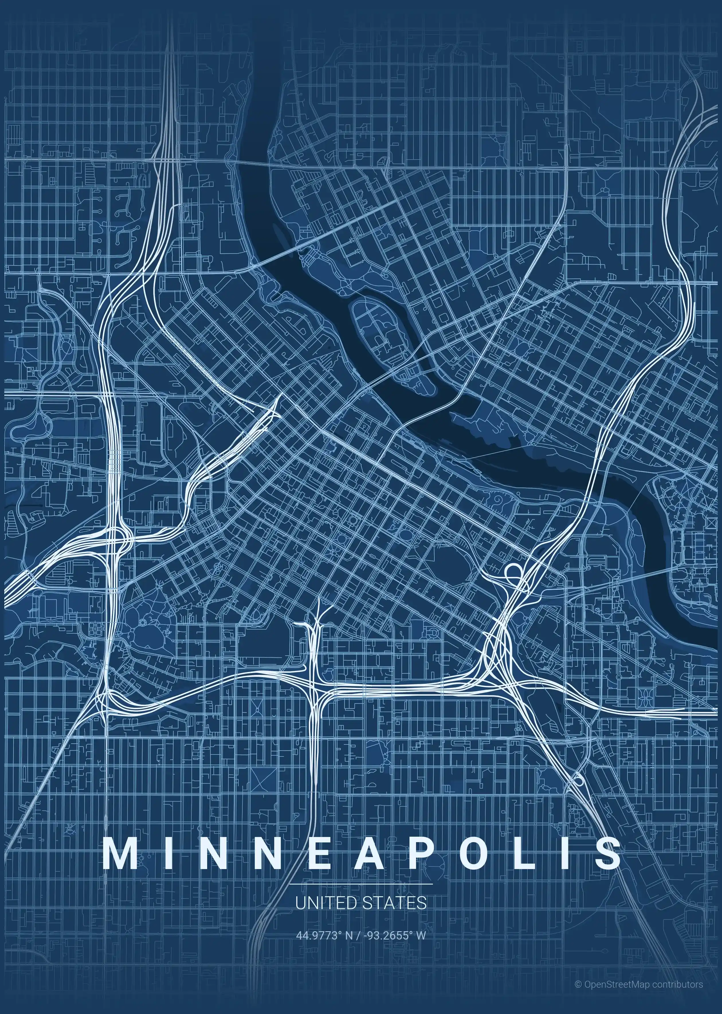 Minimalist blueprint street map of Minneapolis, United States - Urban grid art