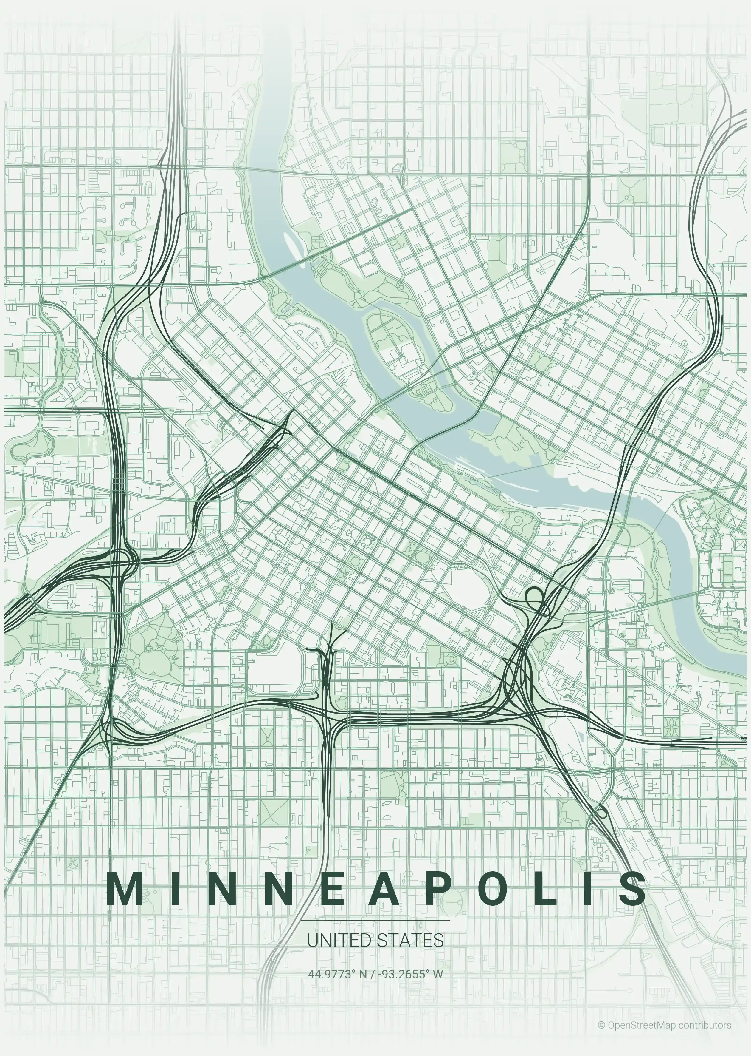 Minimalist forest street map of Minneapolis, United States - Urban grid art