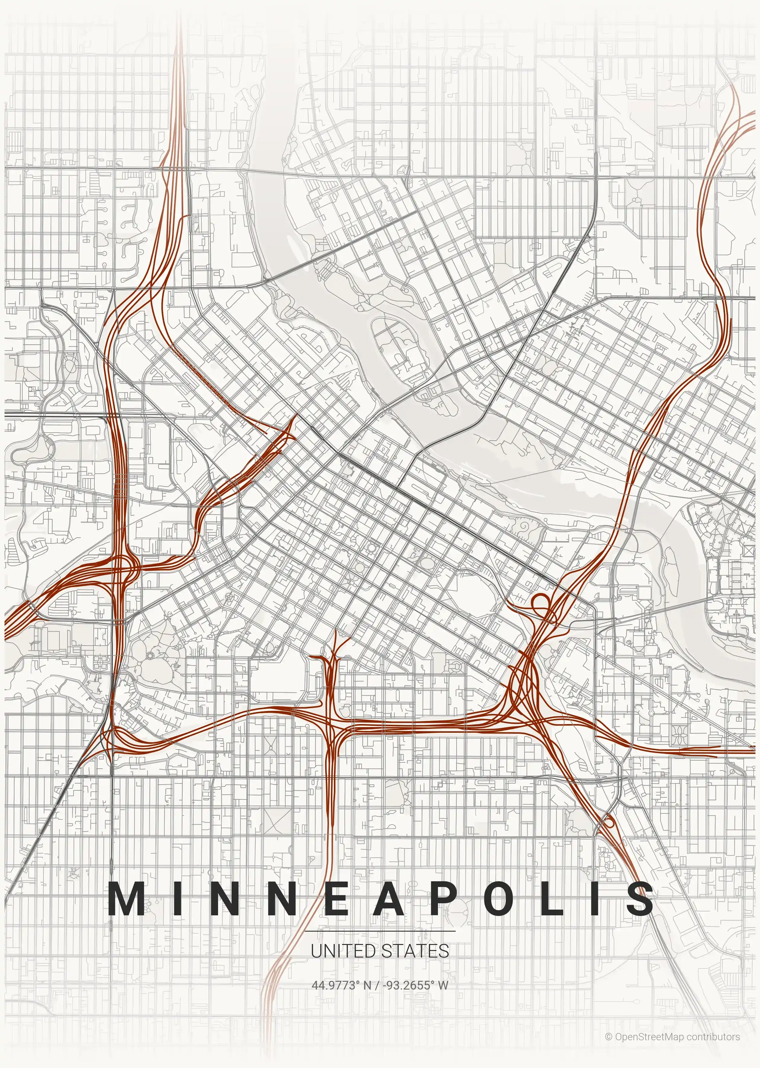 Minimalist japanese_ink street map of Minneapolis, United States - Urban grid art