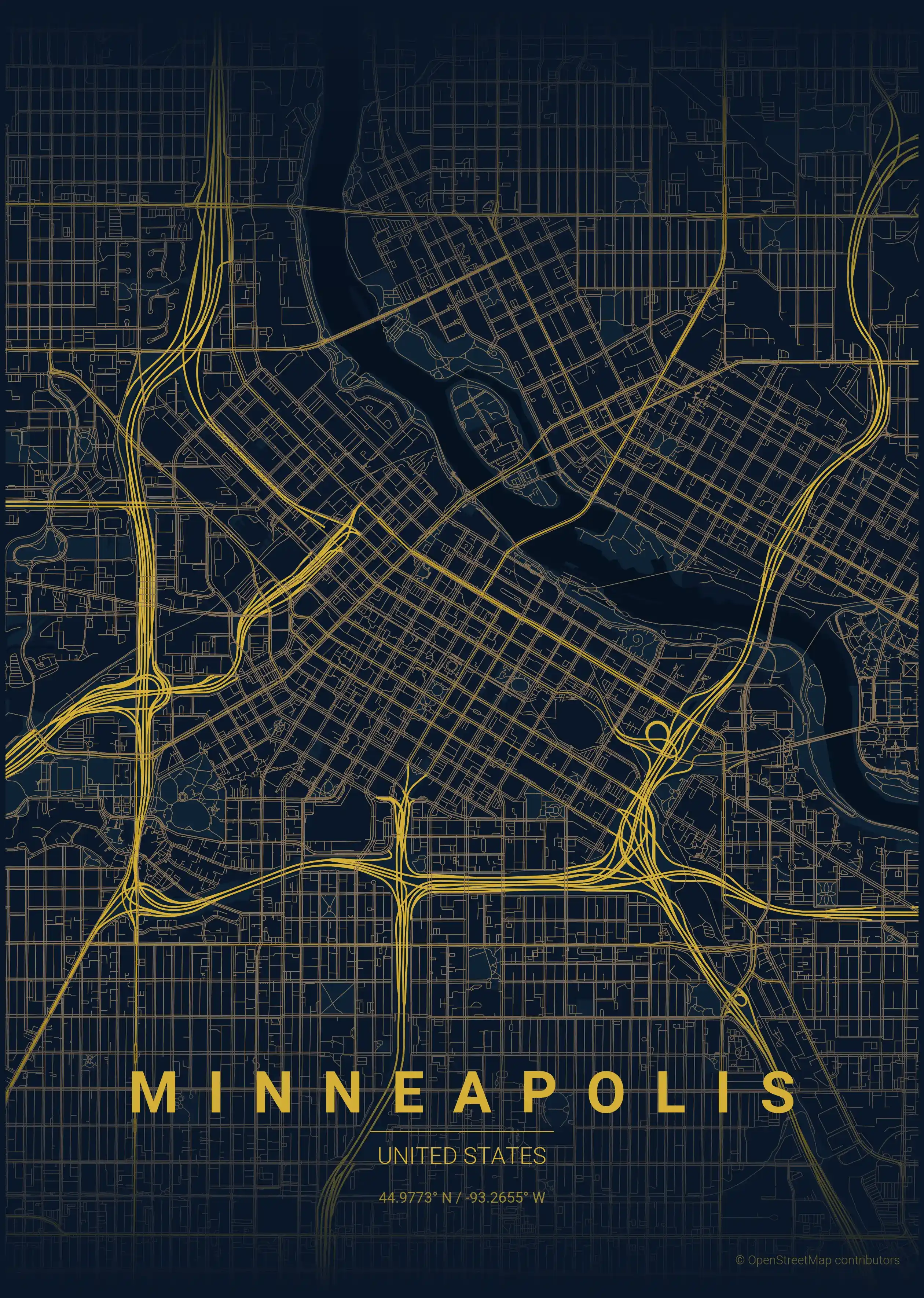 Minimalist midnight_blue street map of Minneapolis, United States - Urban grid art