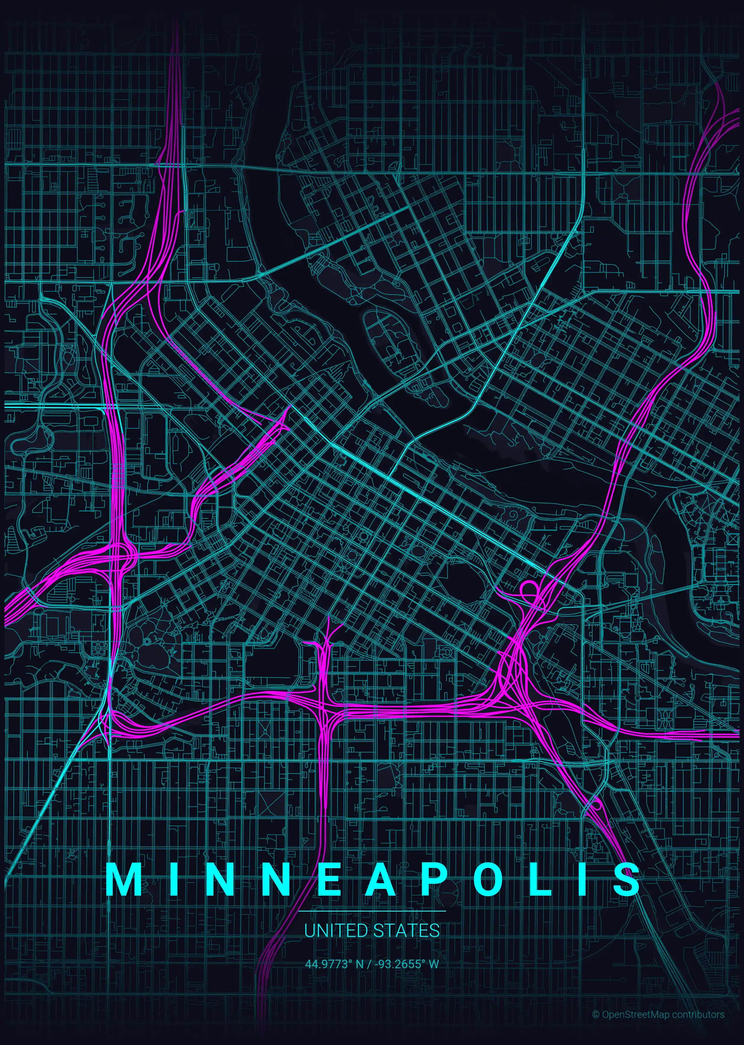 Minimalist neon_cyberpunk street map of Minneapolis, United States - Urban grid art