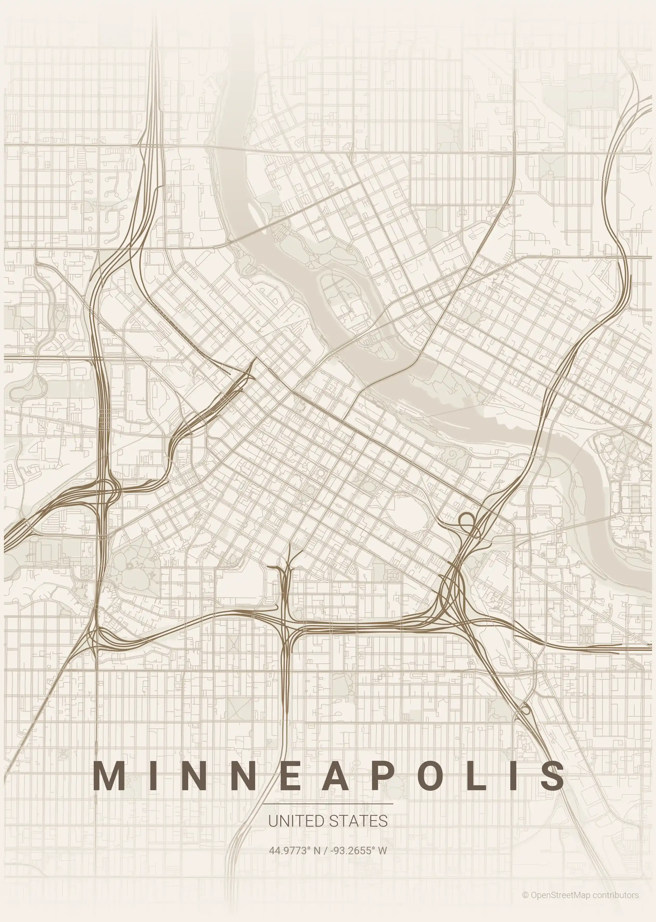 Minimalist warm_beige street map of Minneapolis, United States - Urban grid art