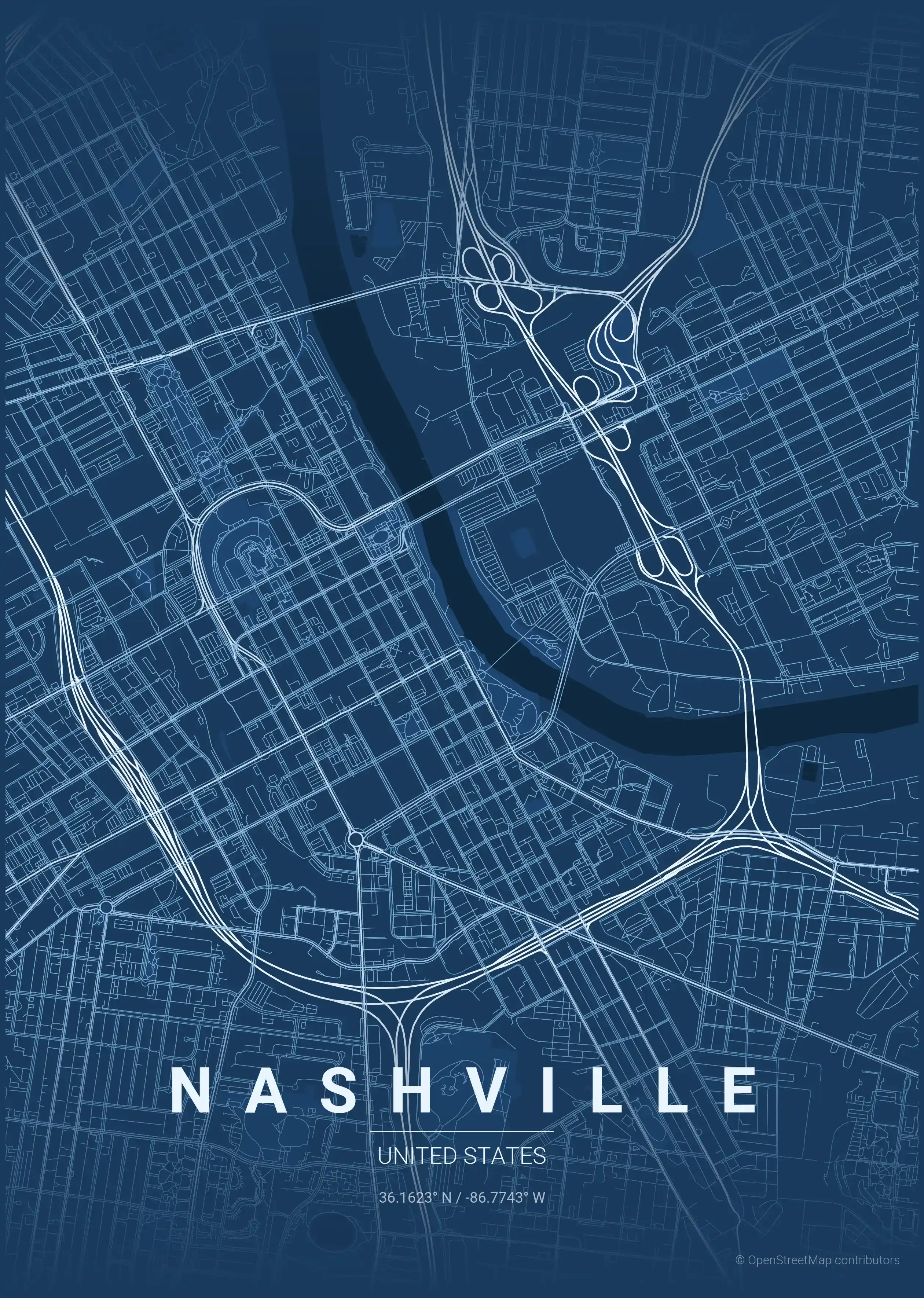 Minimalist blueprint street map of Nashville, United States - Urban grid art
