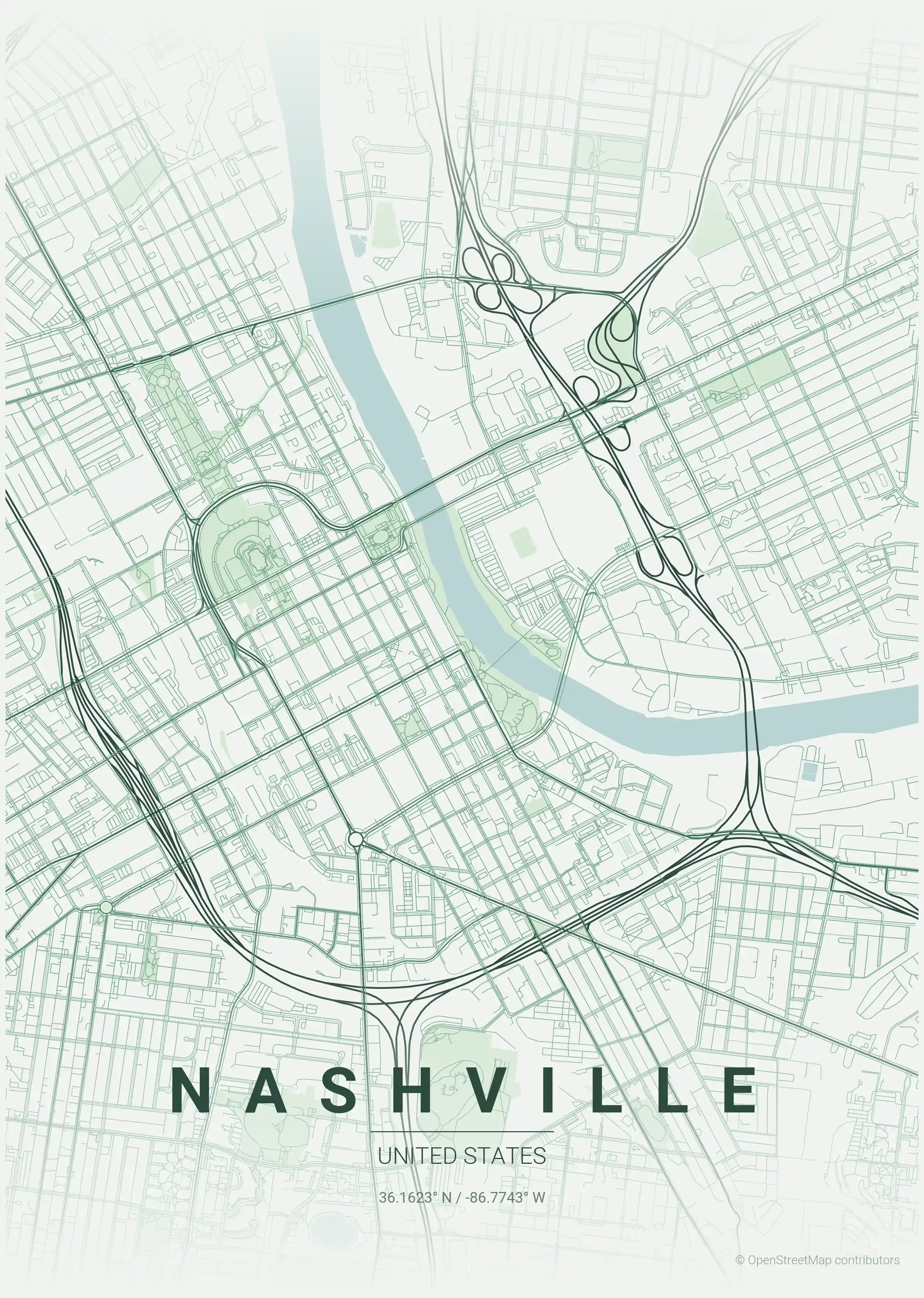 Minimalist forest street map of Nashville, United States - Urban grid art