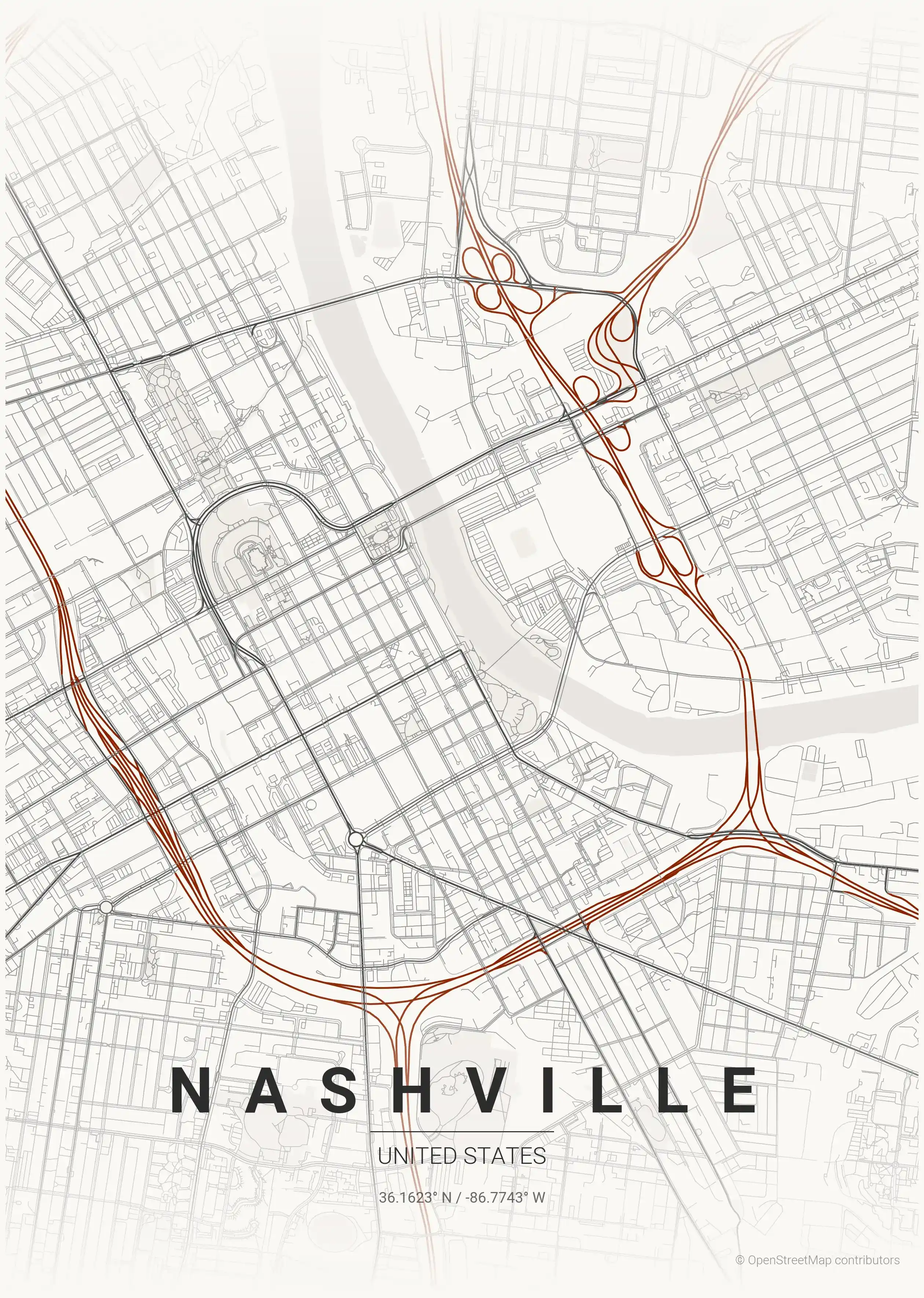 Minimalist japanese_ink street map of Nashville, United States - Urban grid art