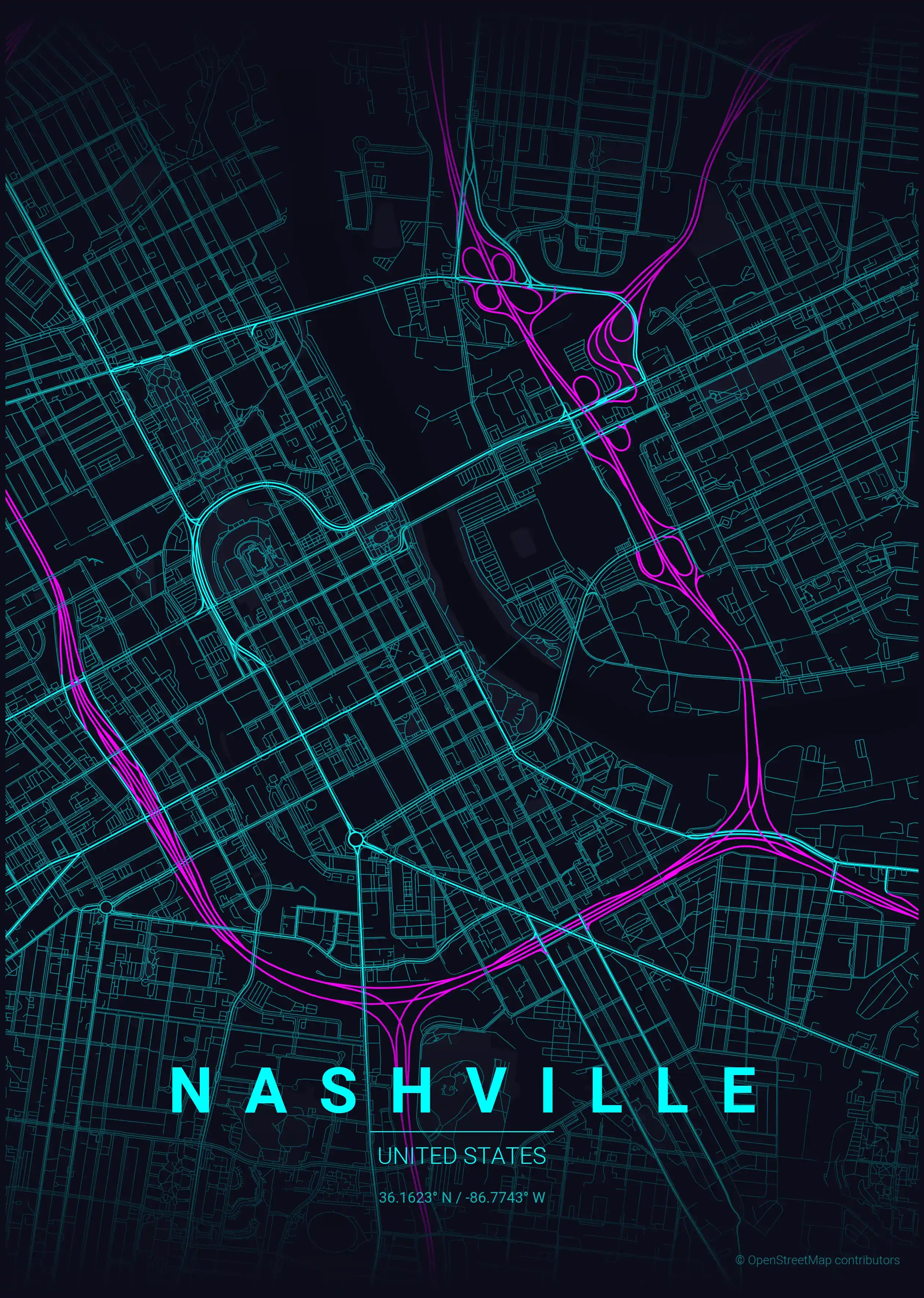 Minimalist neon_cyberpunk street map of Nashville, United States - Urban grid art