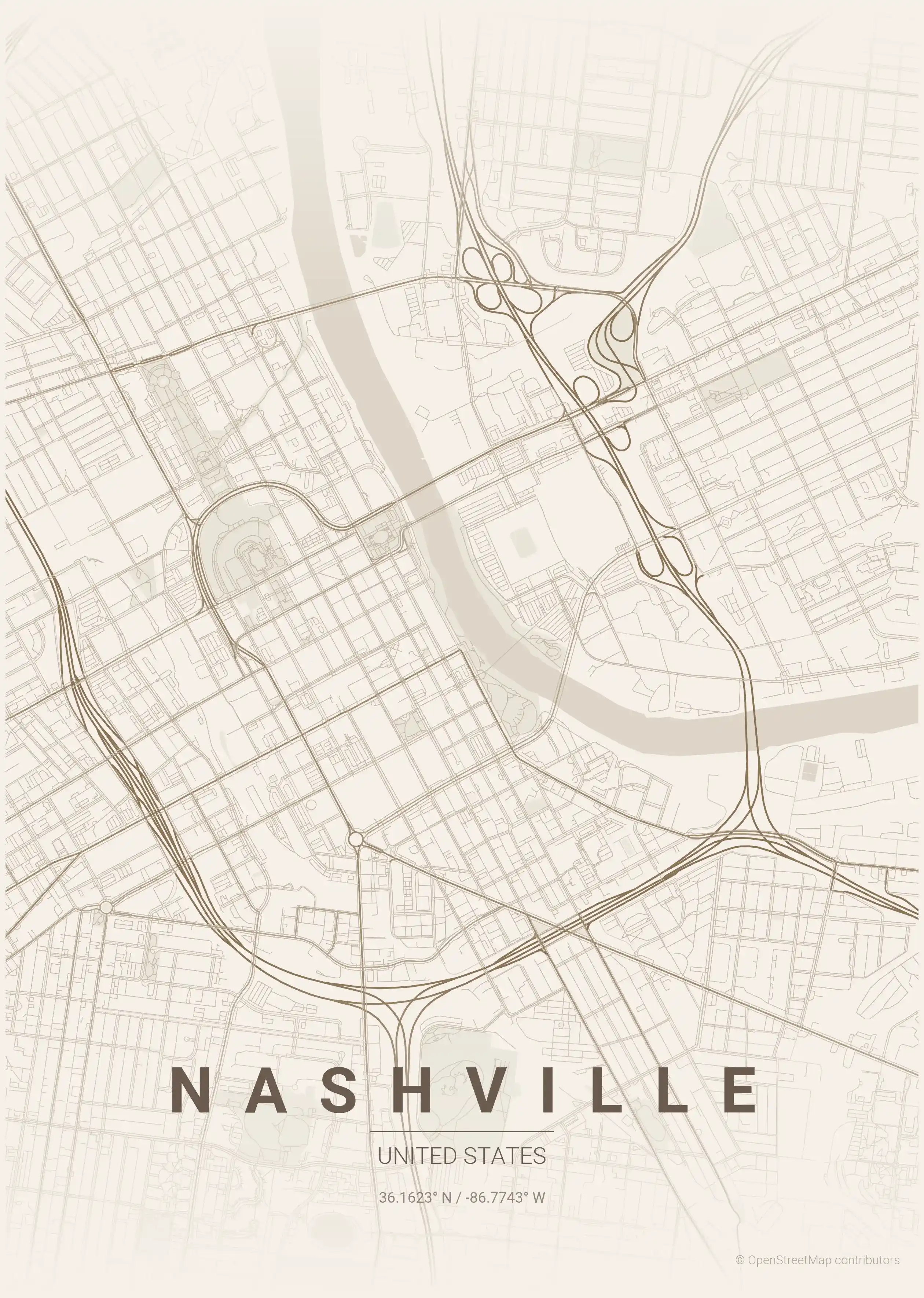 Minimalist warm_beige street map of Nashville, United States - Urban grid art