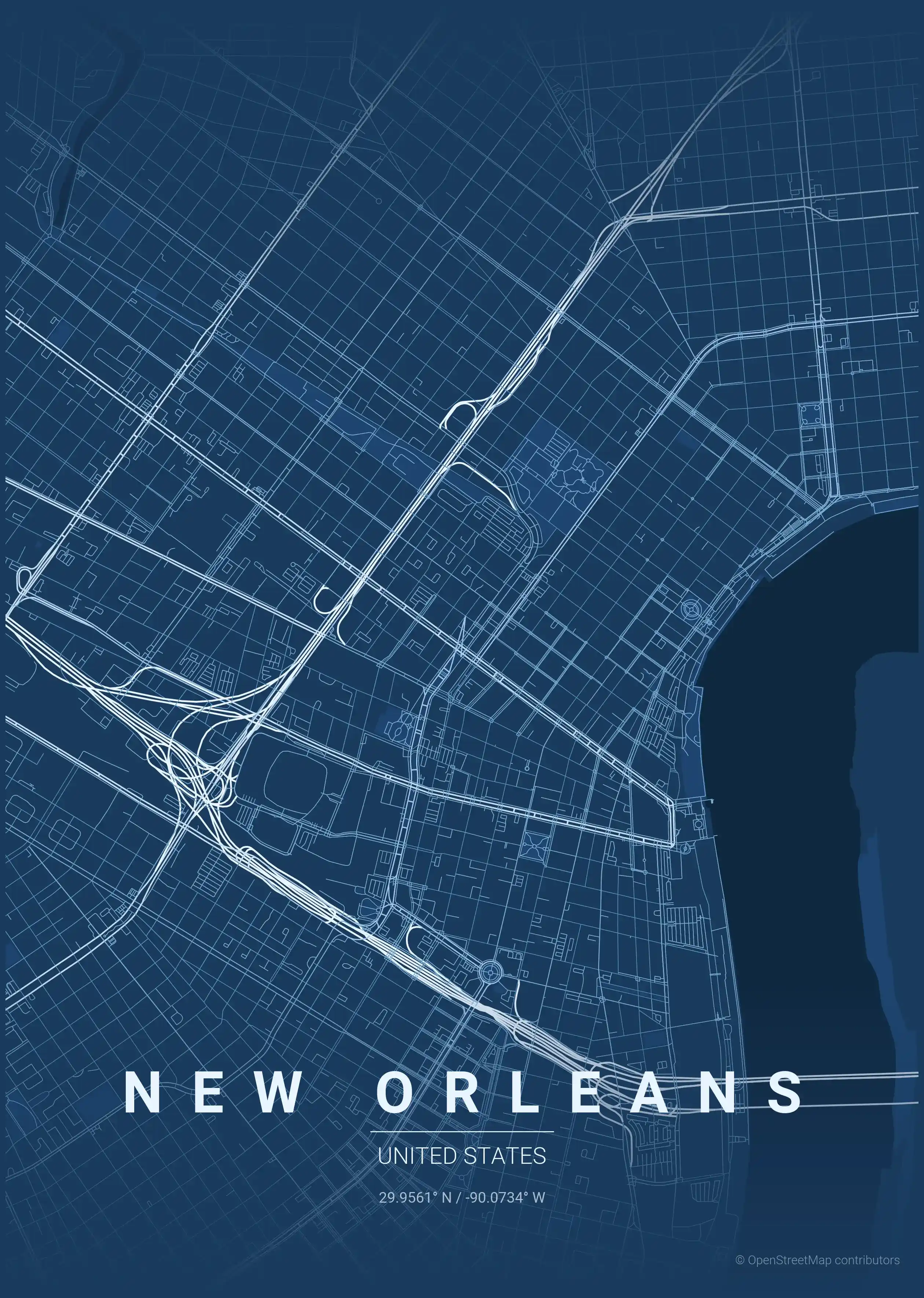 Minimalist blueprint street map of New Orleans, United States - Urban grid art