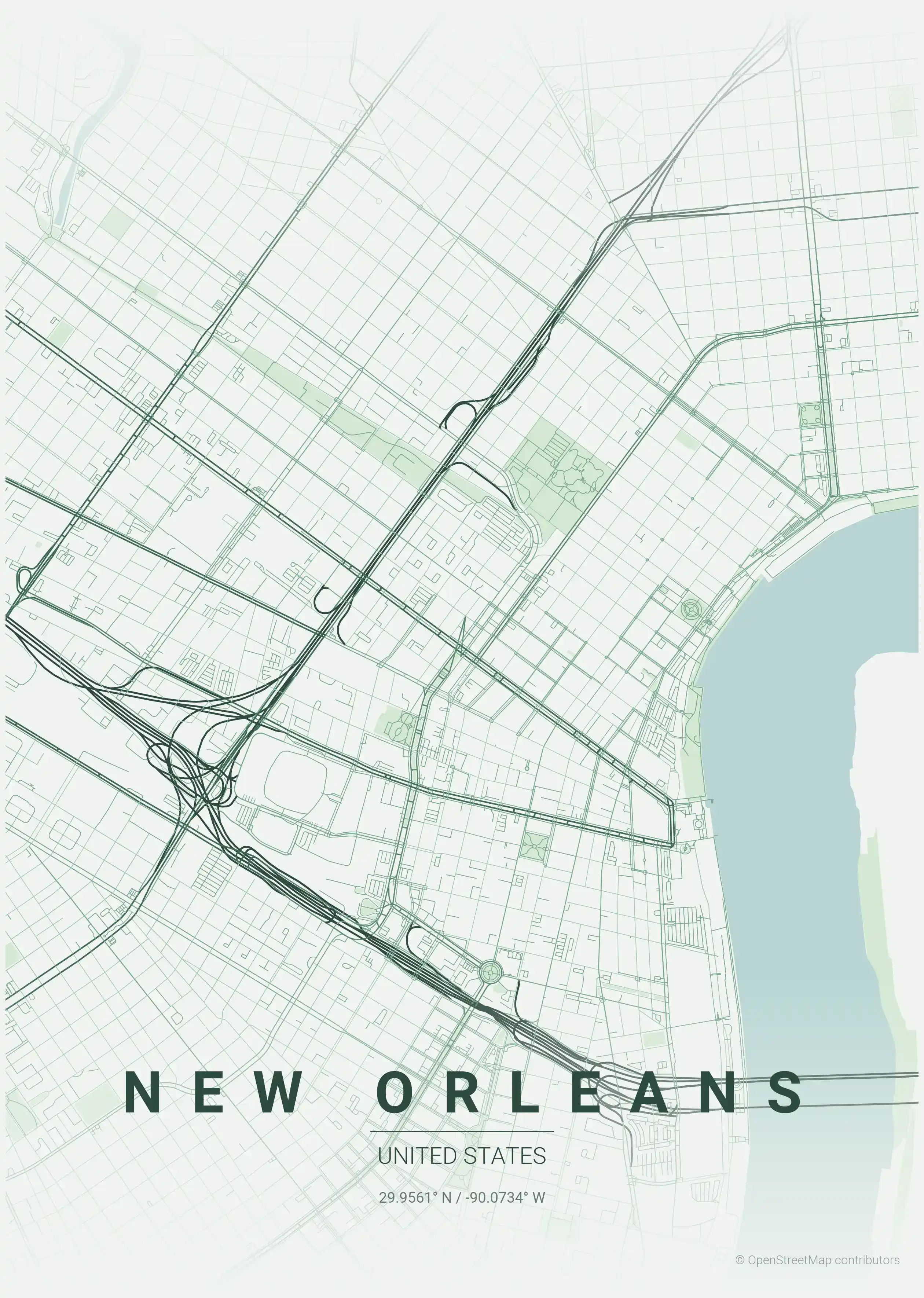 Minimalist forest street map of New Orleans, United States - Urban grid art