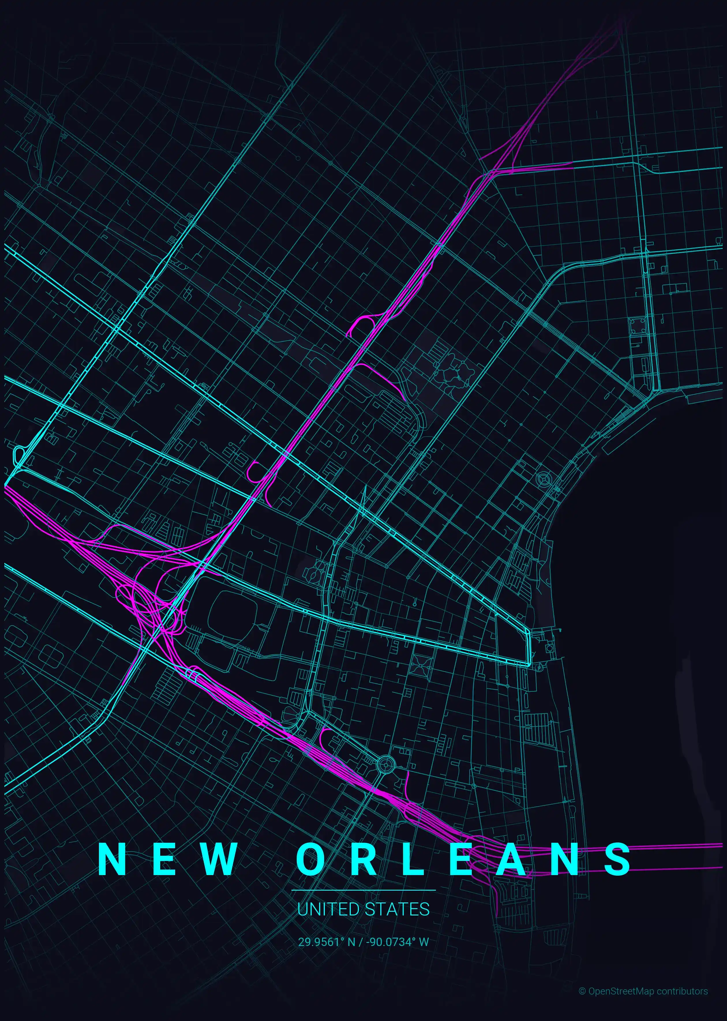 Minimalist neon_cyberpunk street map of New Orleans, United States - Urban grid art