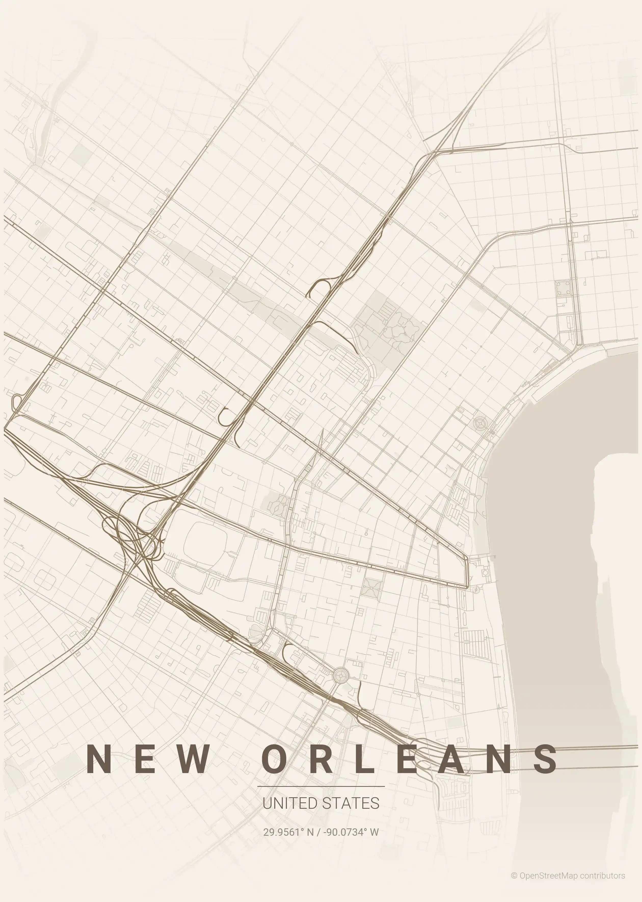 Minimalist warm_beige street map of New Orleans, United States - Urban grid art