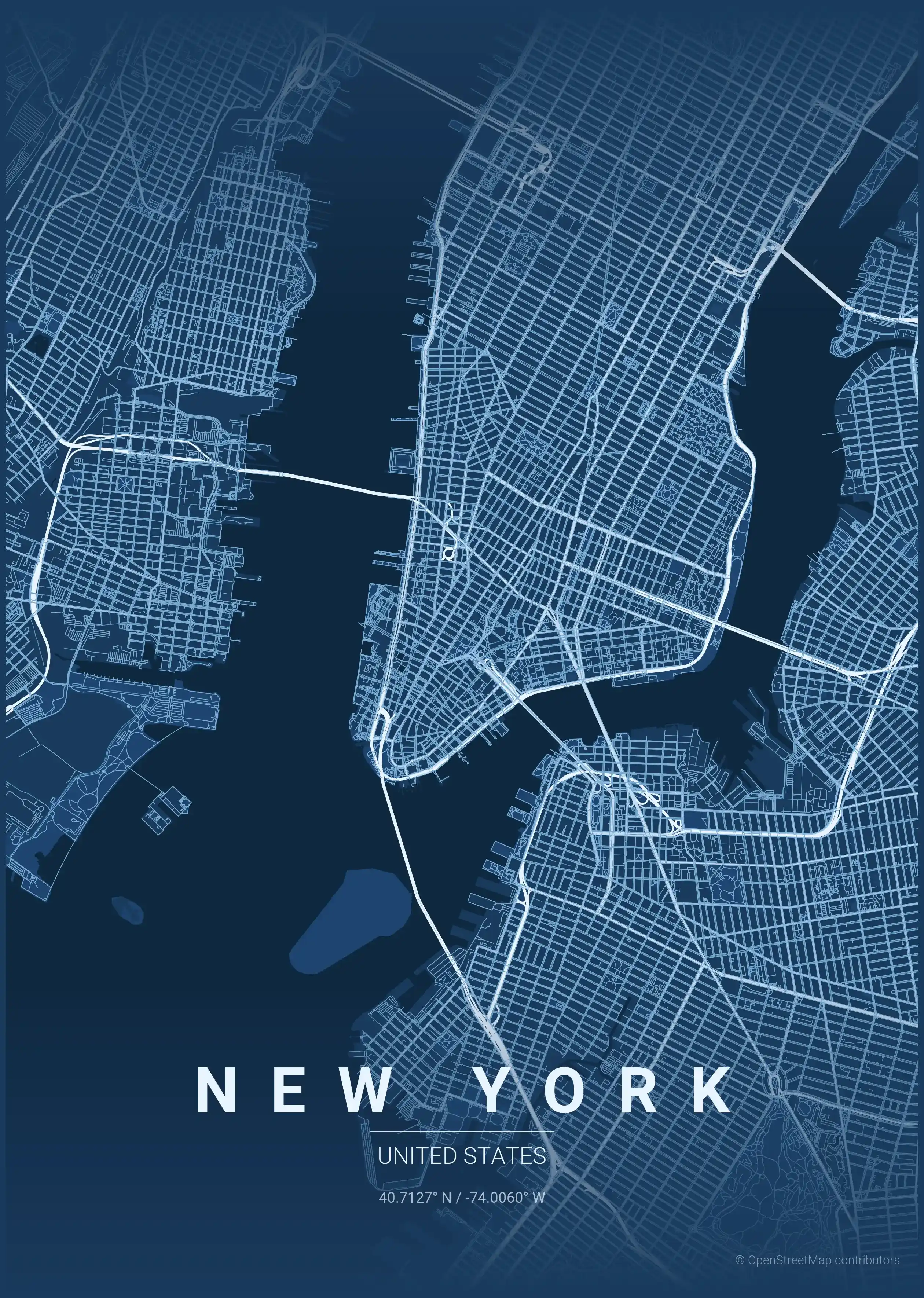 Minimalist blueprint street map of New York, United States - Urban grid art