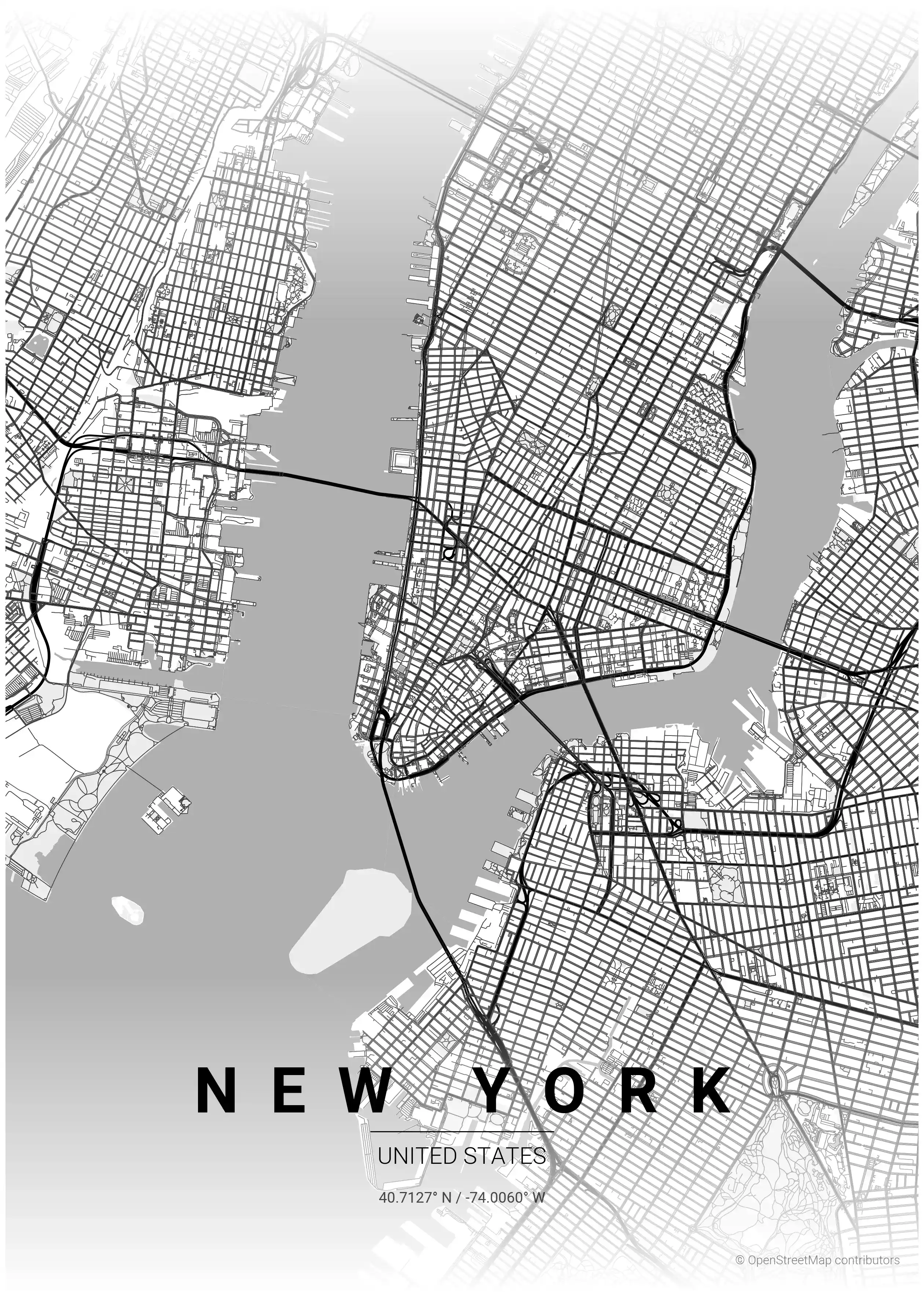 Free download: contrast zones minimalist street map poster of New York, United States - High-resolution printable city outline art for walls