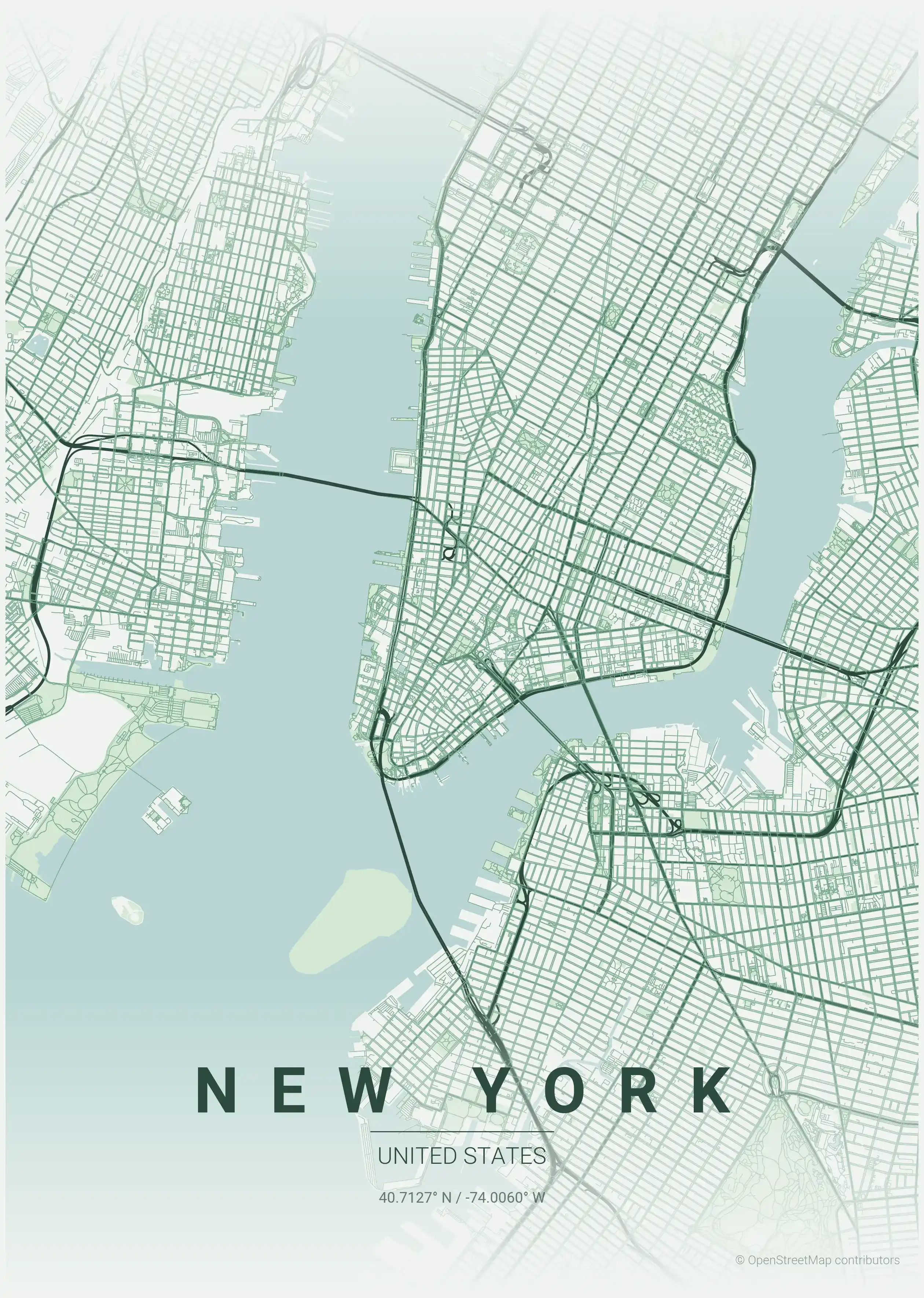 Minimalist forest street map of New York, United States - Urban grid art