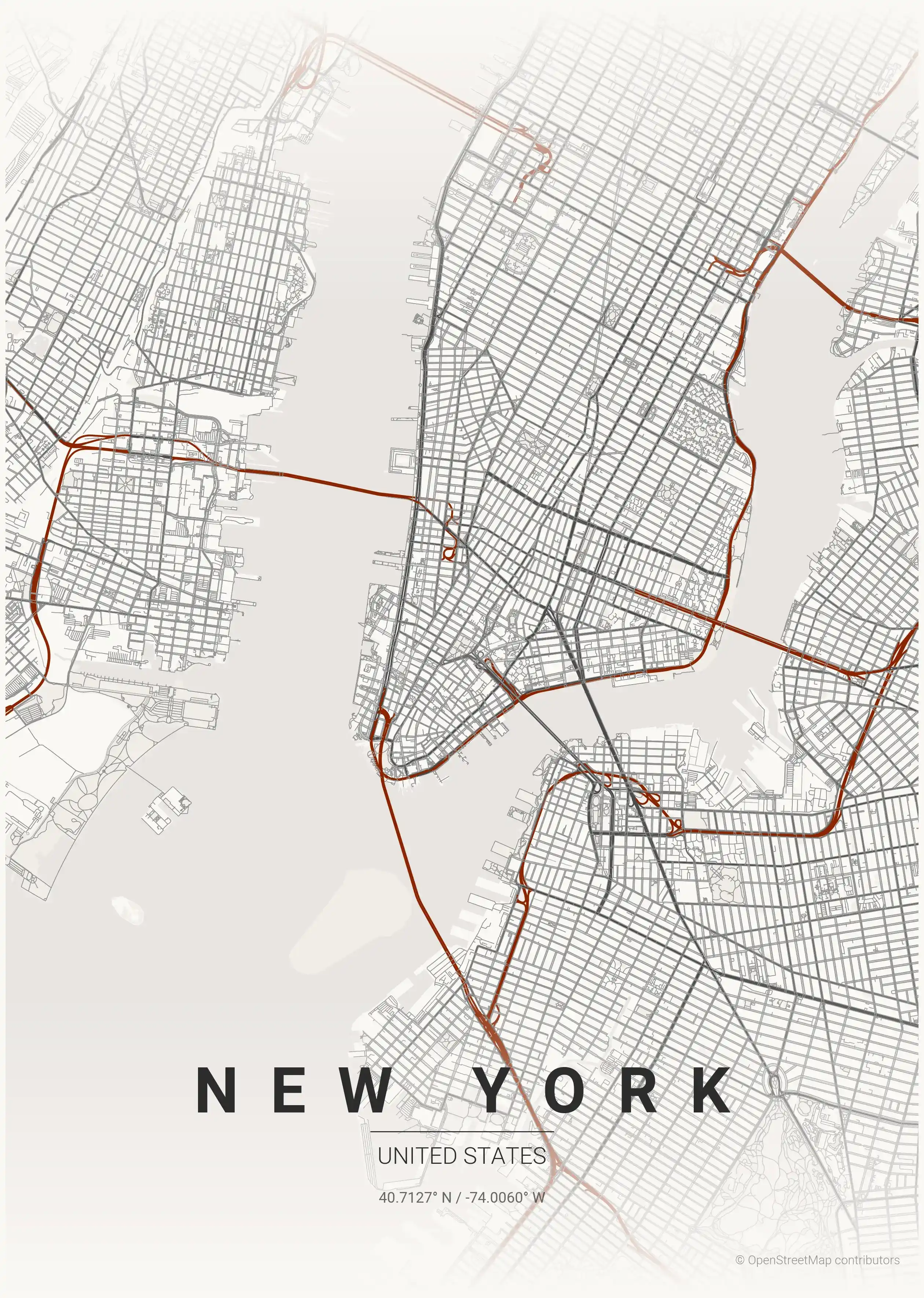 Minimalist japanese_ink street map of New York, United States - Urban grid art