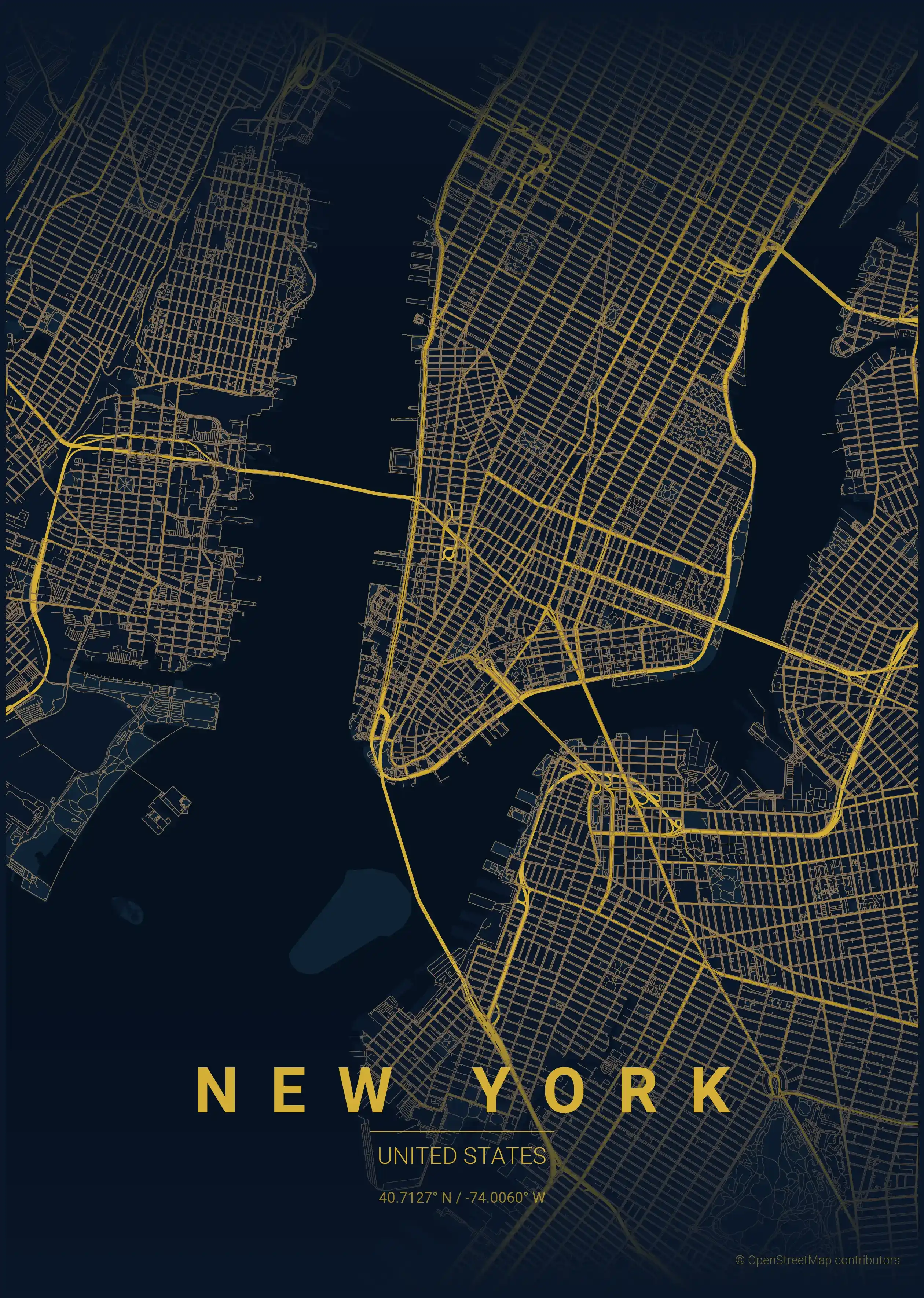 Minimalist midnight_blue street map of New York, United States - Urban grid art