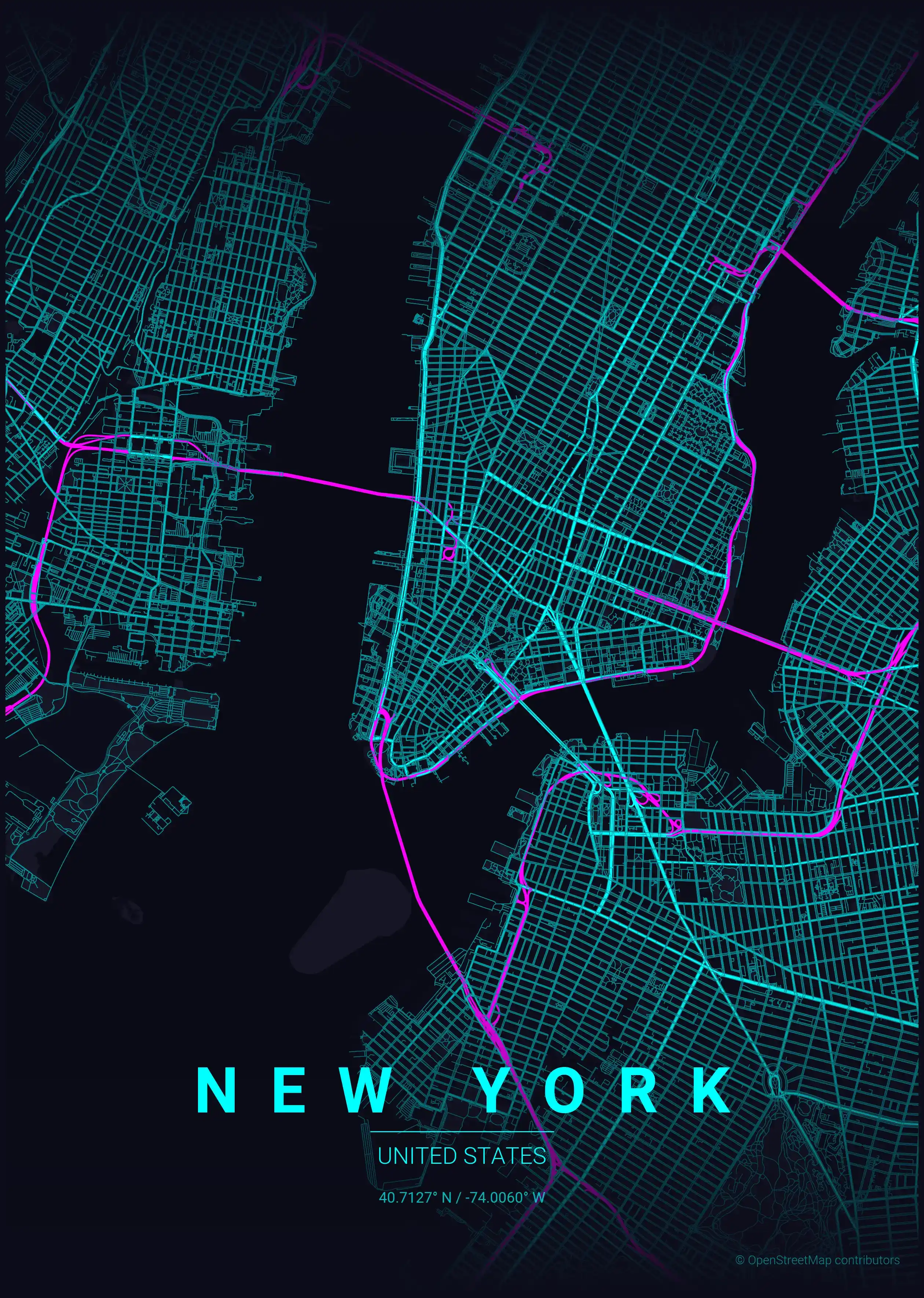 Free minimalist street map poster of New York in neon cyberpunk theme