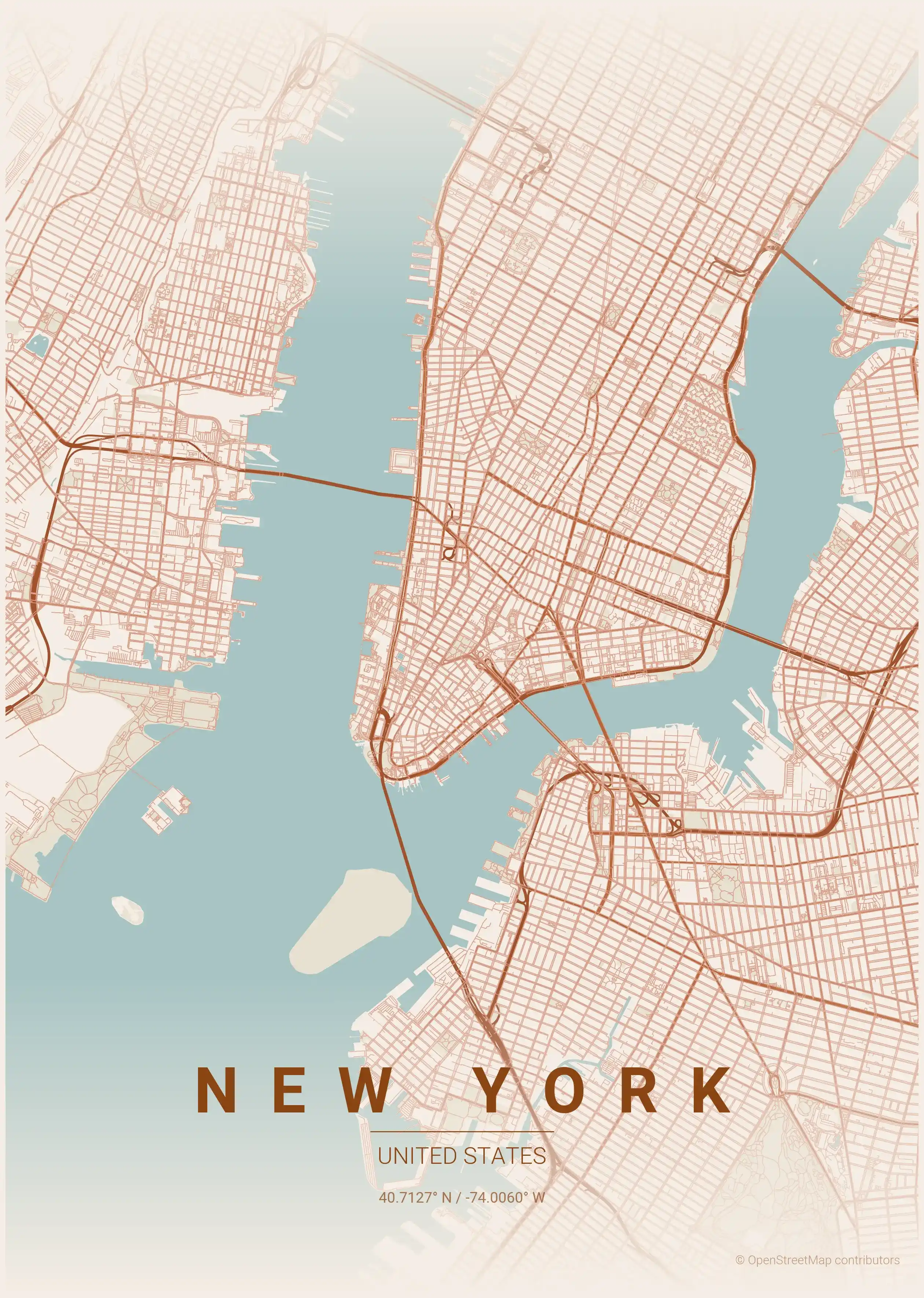 Minimalist terracotta street map of New York, United States - Urban grid art