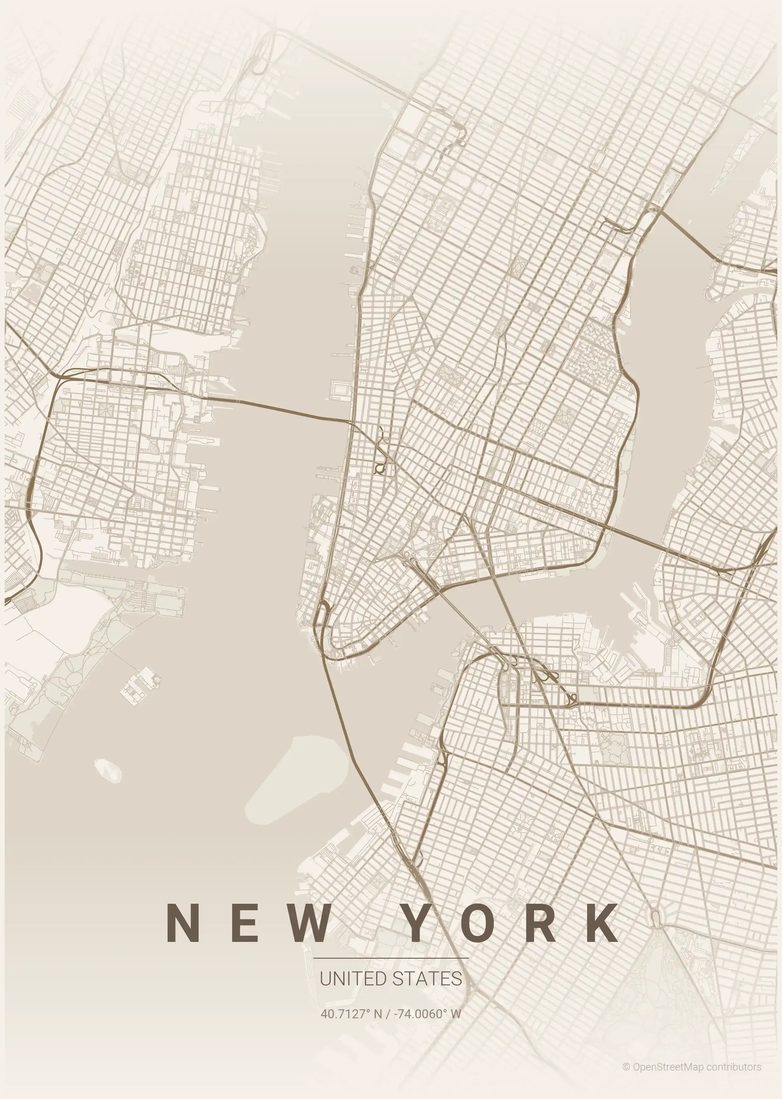 Minimalist warm_beige street map of New York, United States - Urban grid art