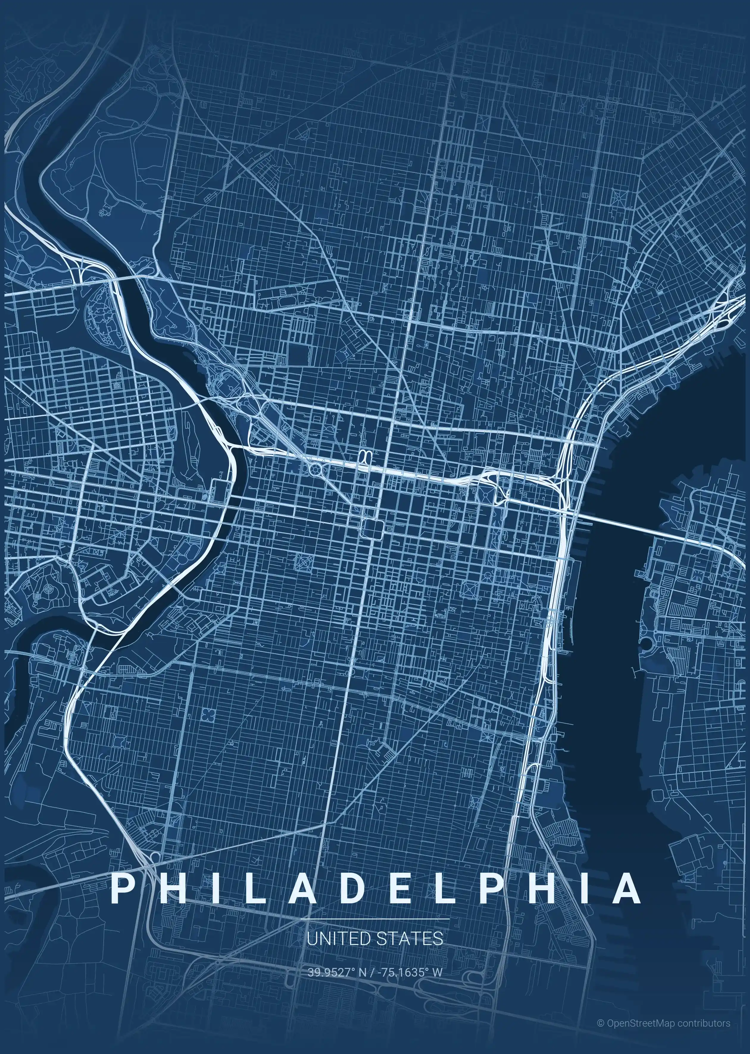 Minimalist blueprint street map of Philadelphia, United States - Urban grid art