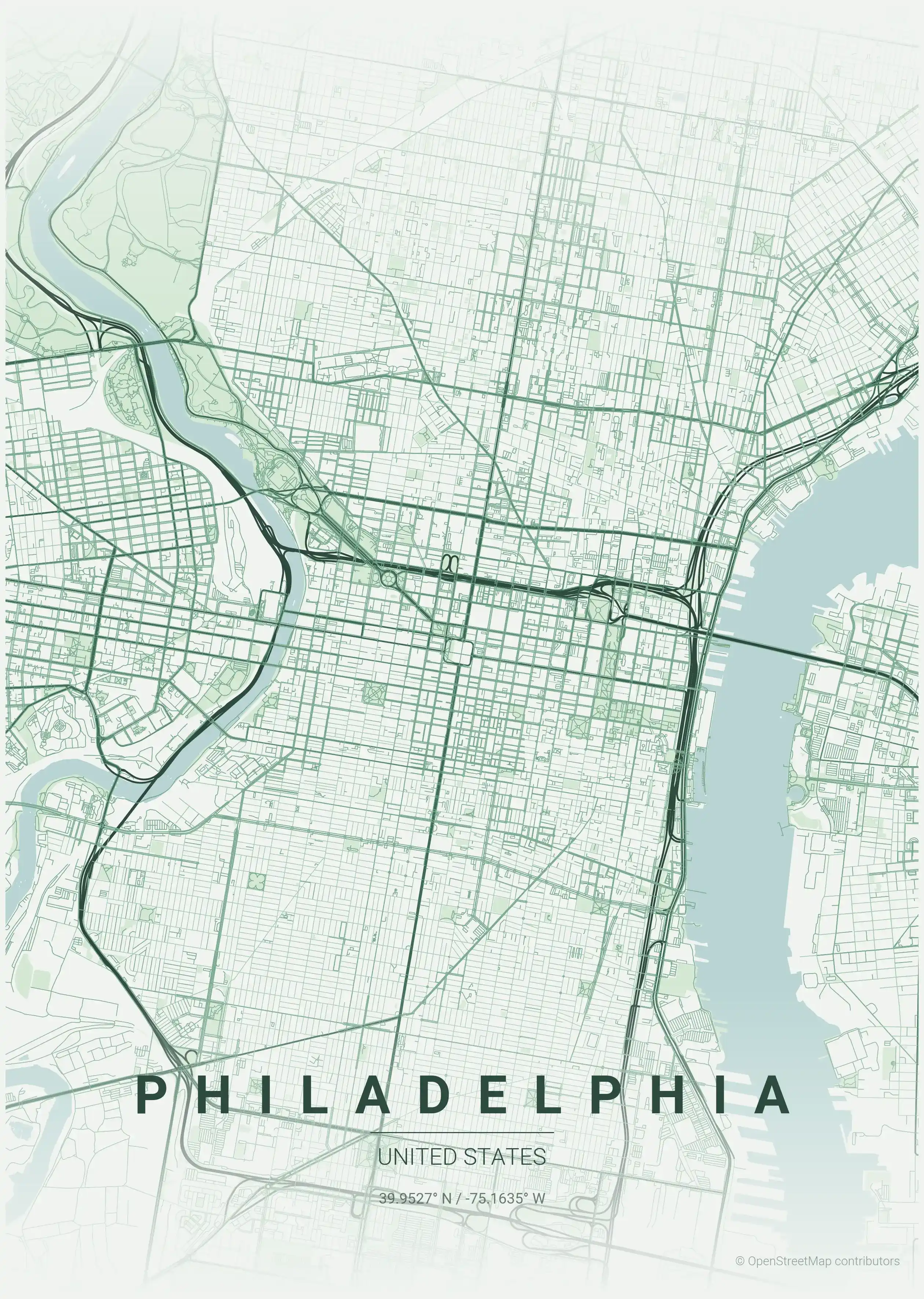 Minimalist forest street map of Philadelphia, United States - Urban grid art
