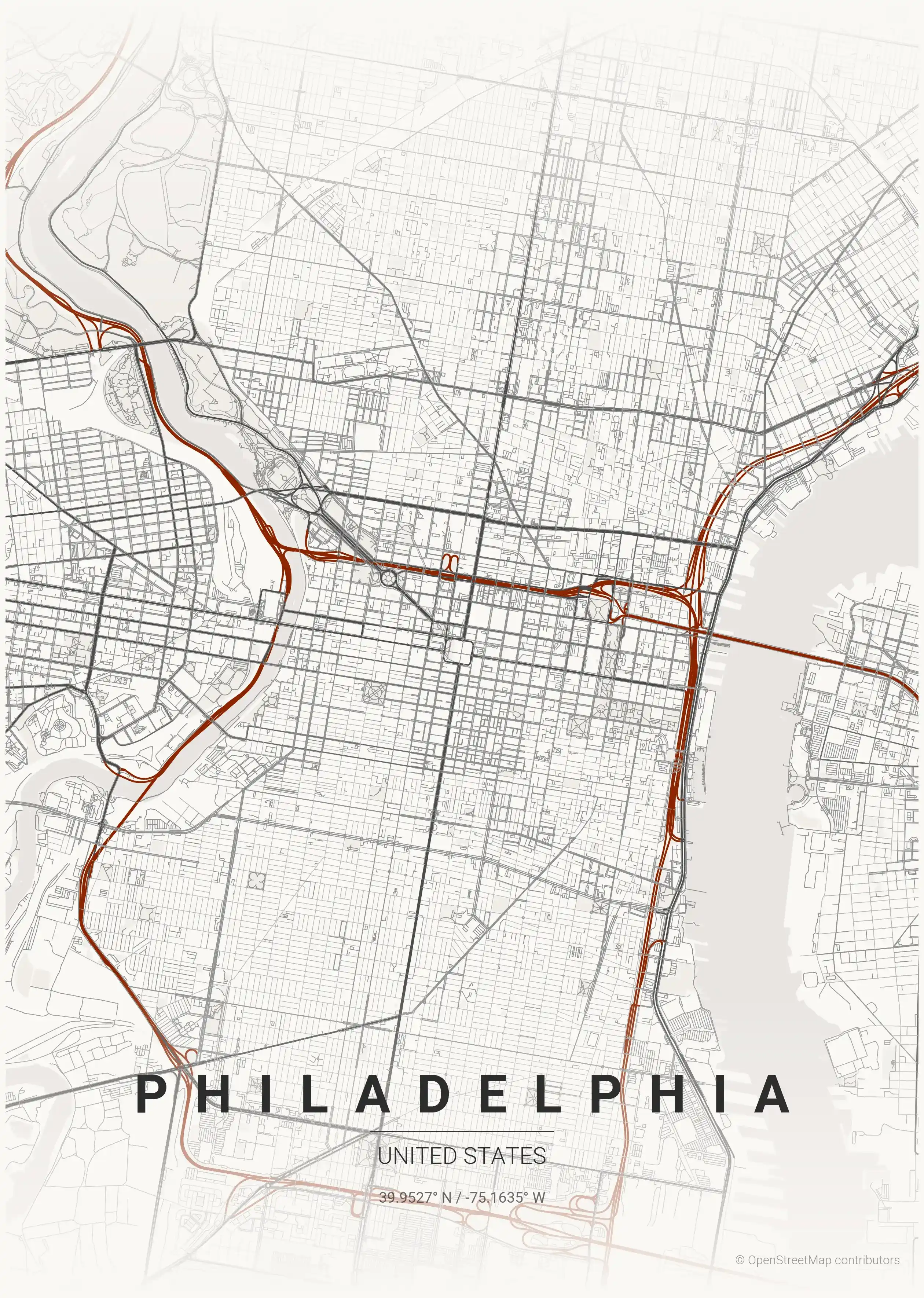 Minimalist japanese_ink street map of Philadelphia, United States - Urban grid art