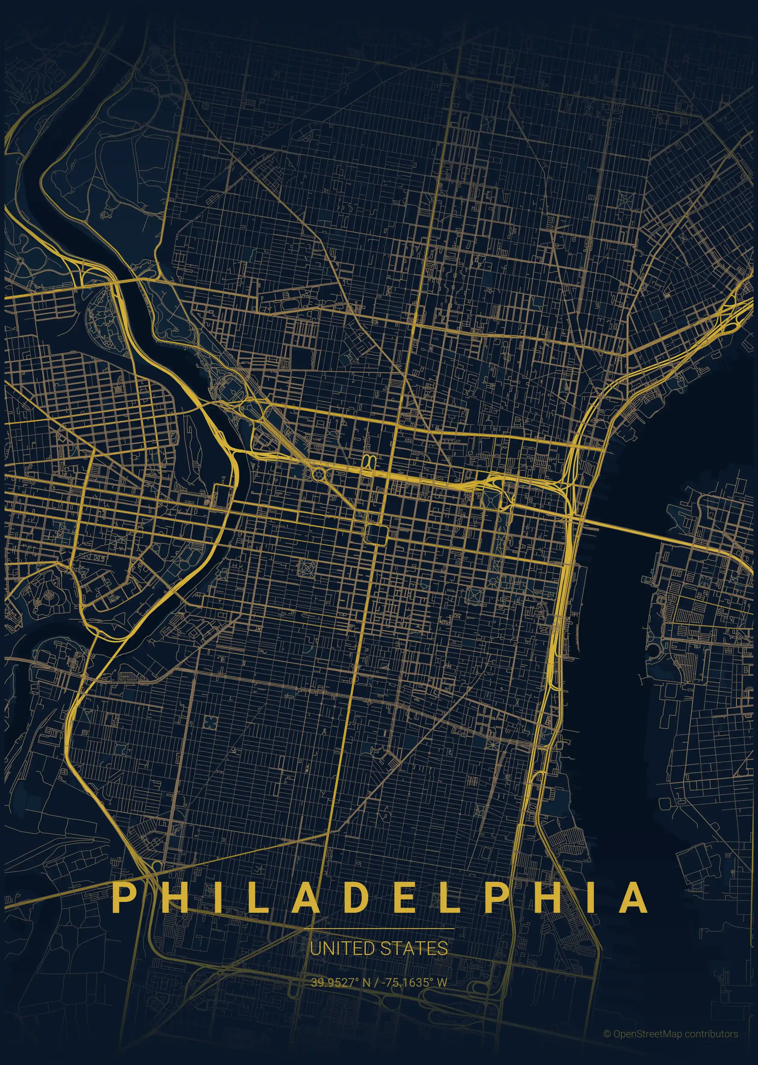 Minimalist midnight_blue street map of Philadelphia, United States - Urban grid art