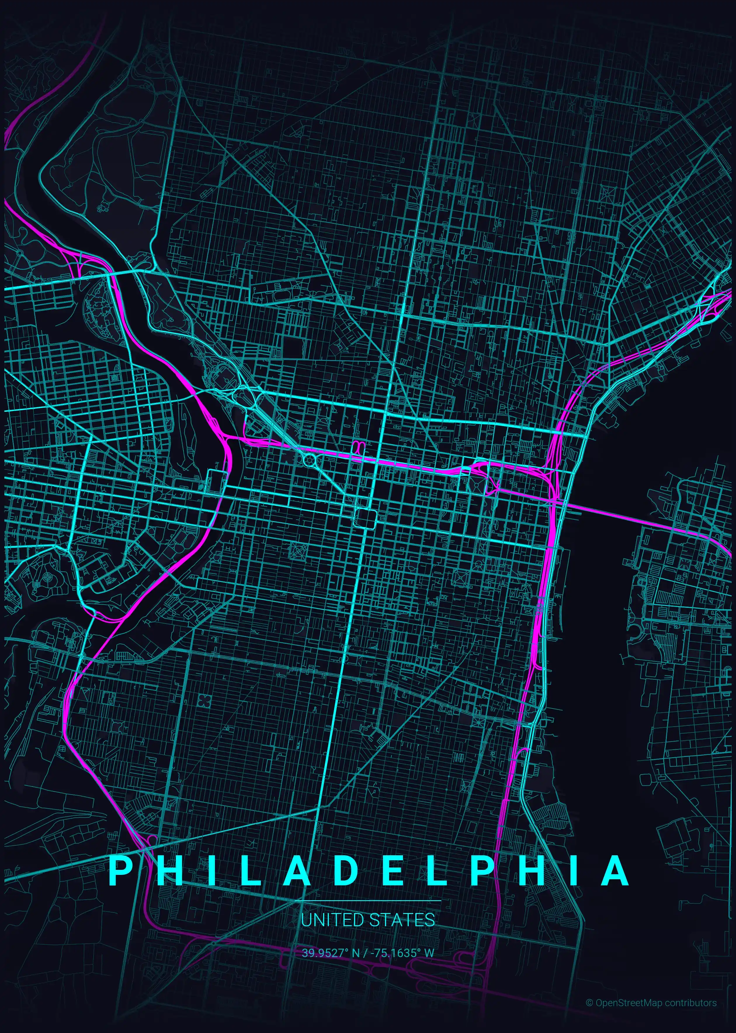 Minimalist neon_cyberpunk street map of Philadelphia, United States - Urban grid art