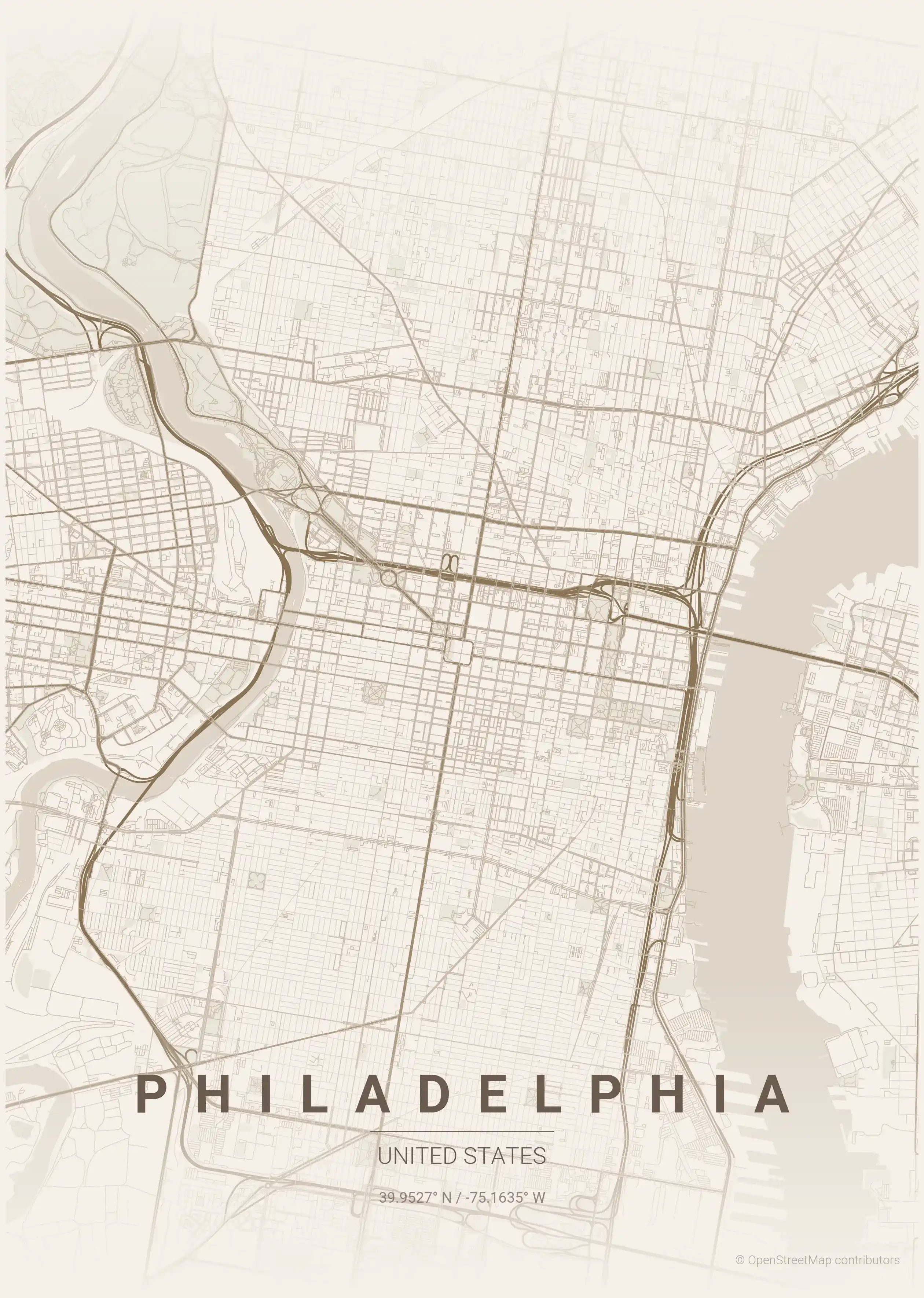 Minimalist warm_beige street map of Philadelphia, United States - Urban grid art