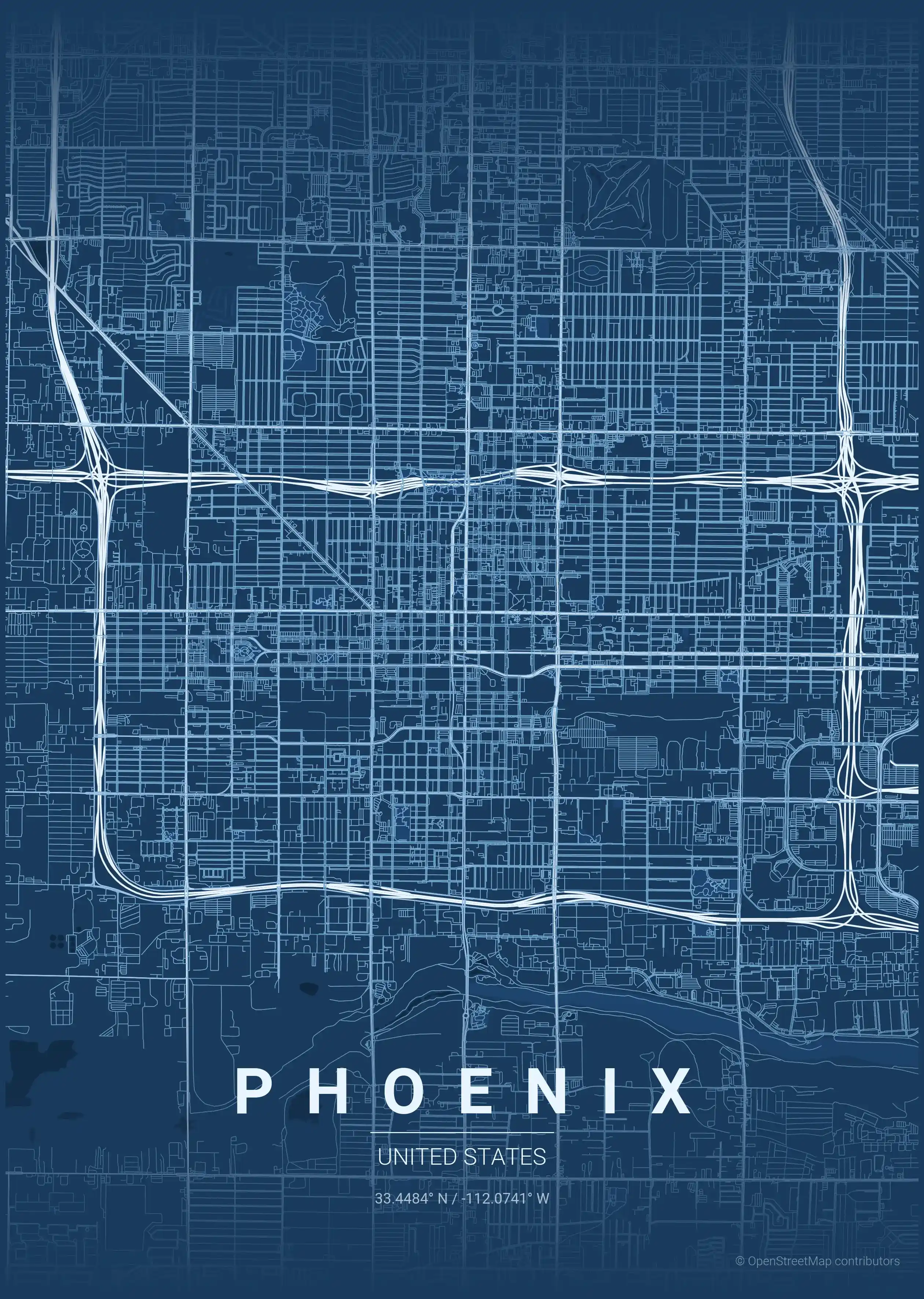Minimalist blueprint street map of Phoenix, United States - Urban grid art