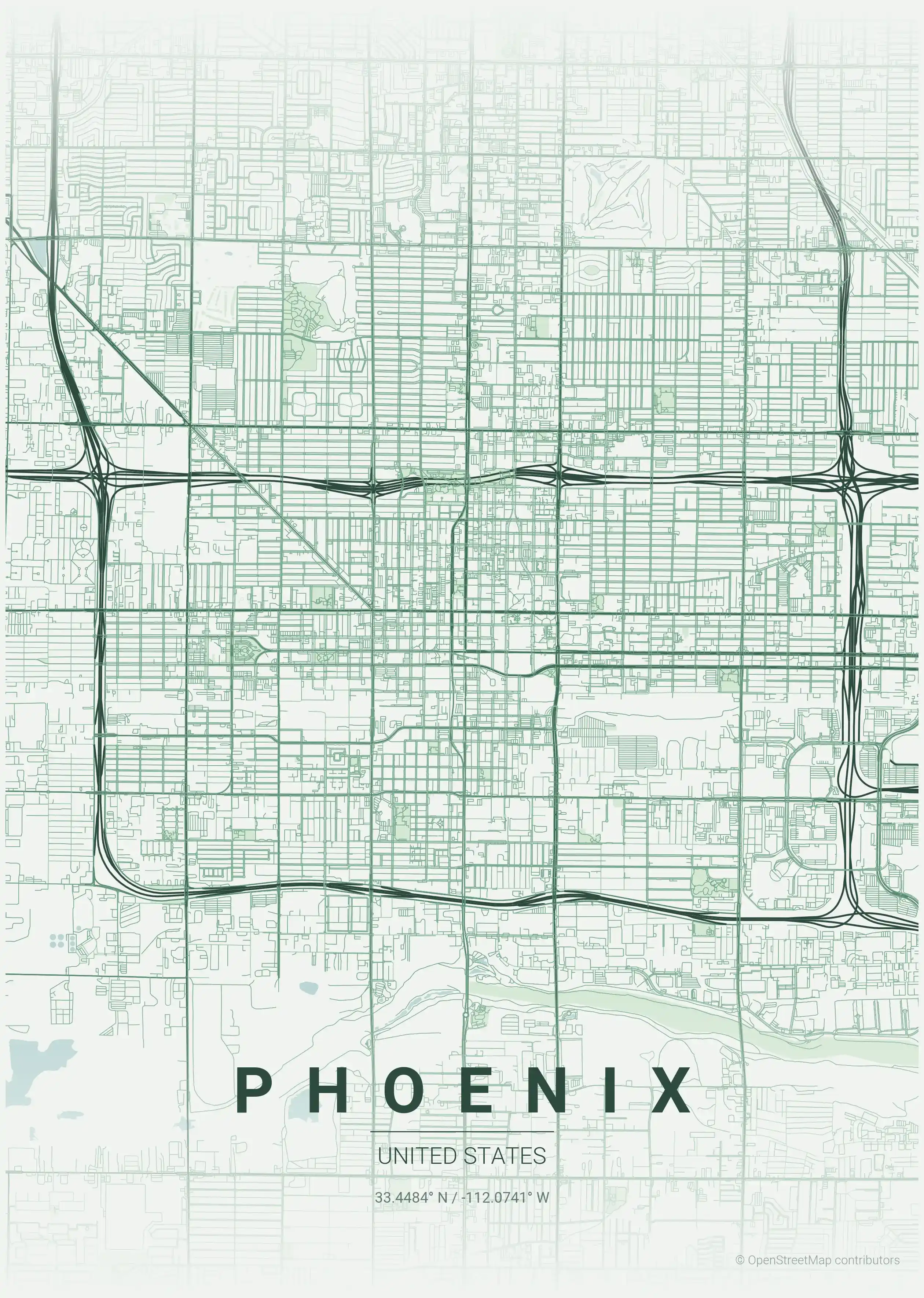 Minimalist forest street map of Phoenix, United States - Urban grid art