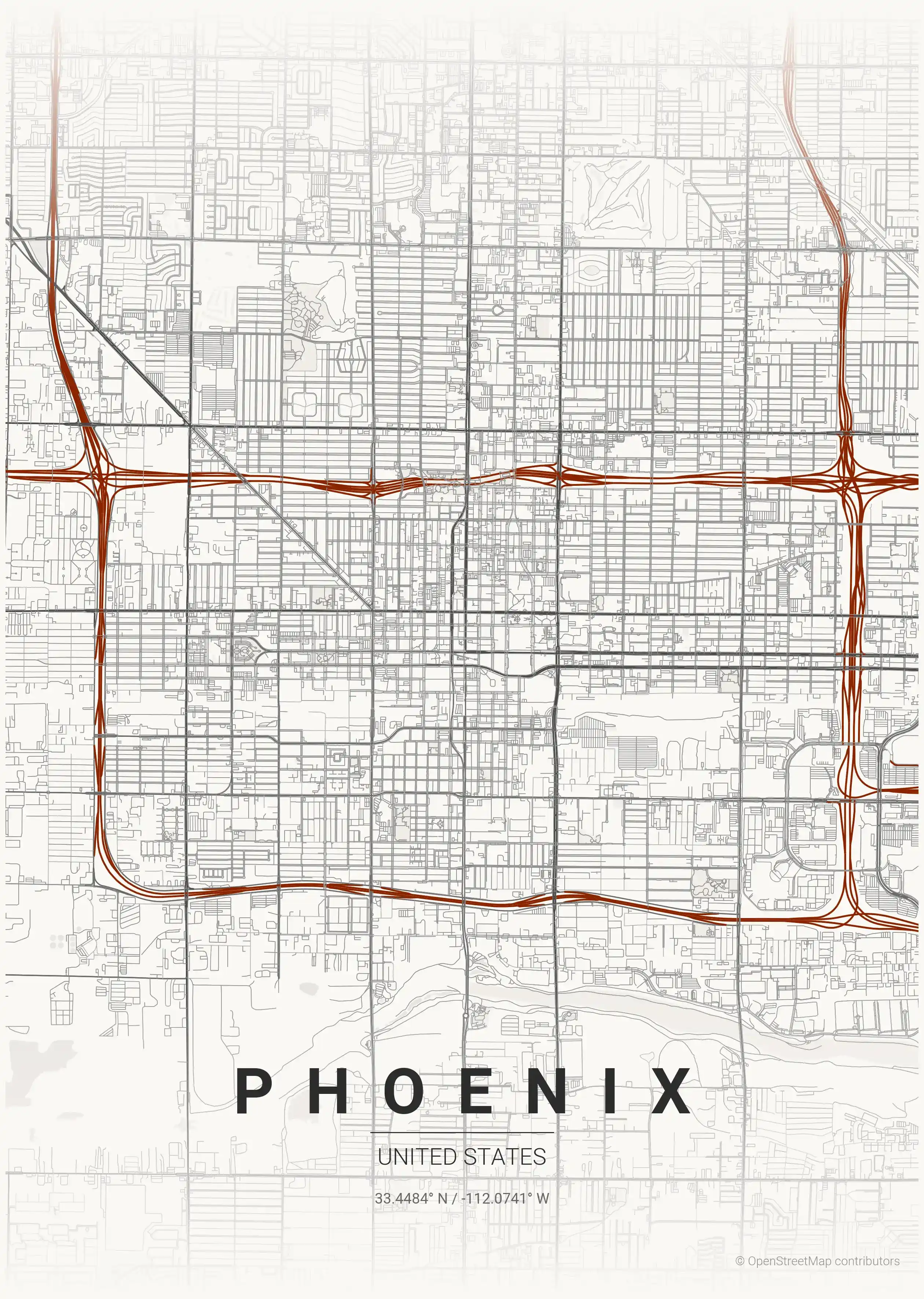 Minimalist japanese_ink street map of Phoenix, United States - Urban grid art
