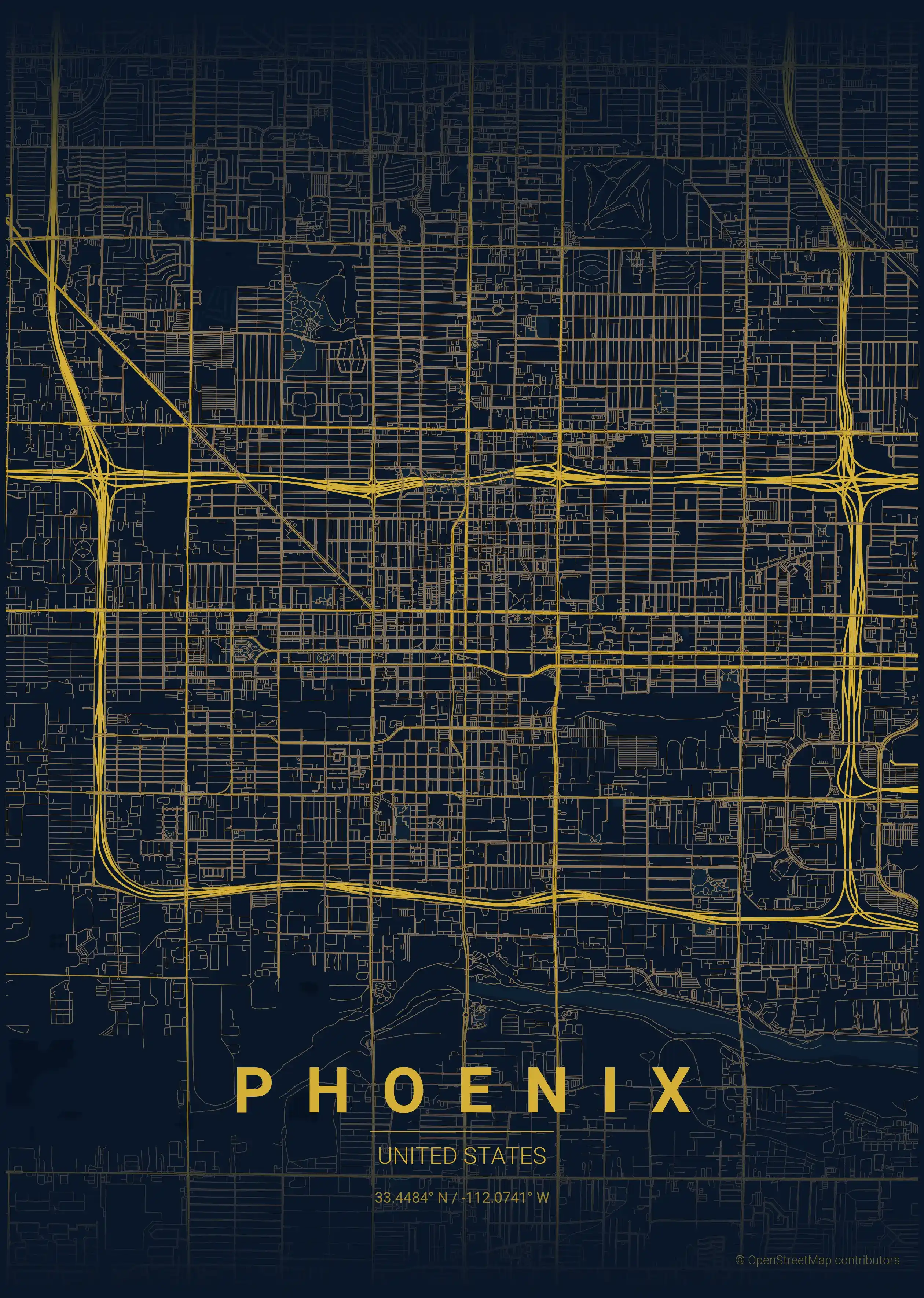 Minimalist midnight_blue street map of Phoenix, United States - Urban grid art