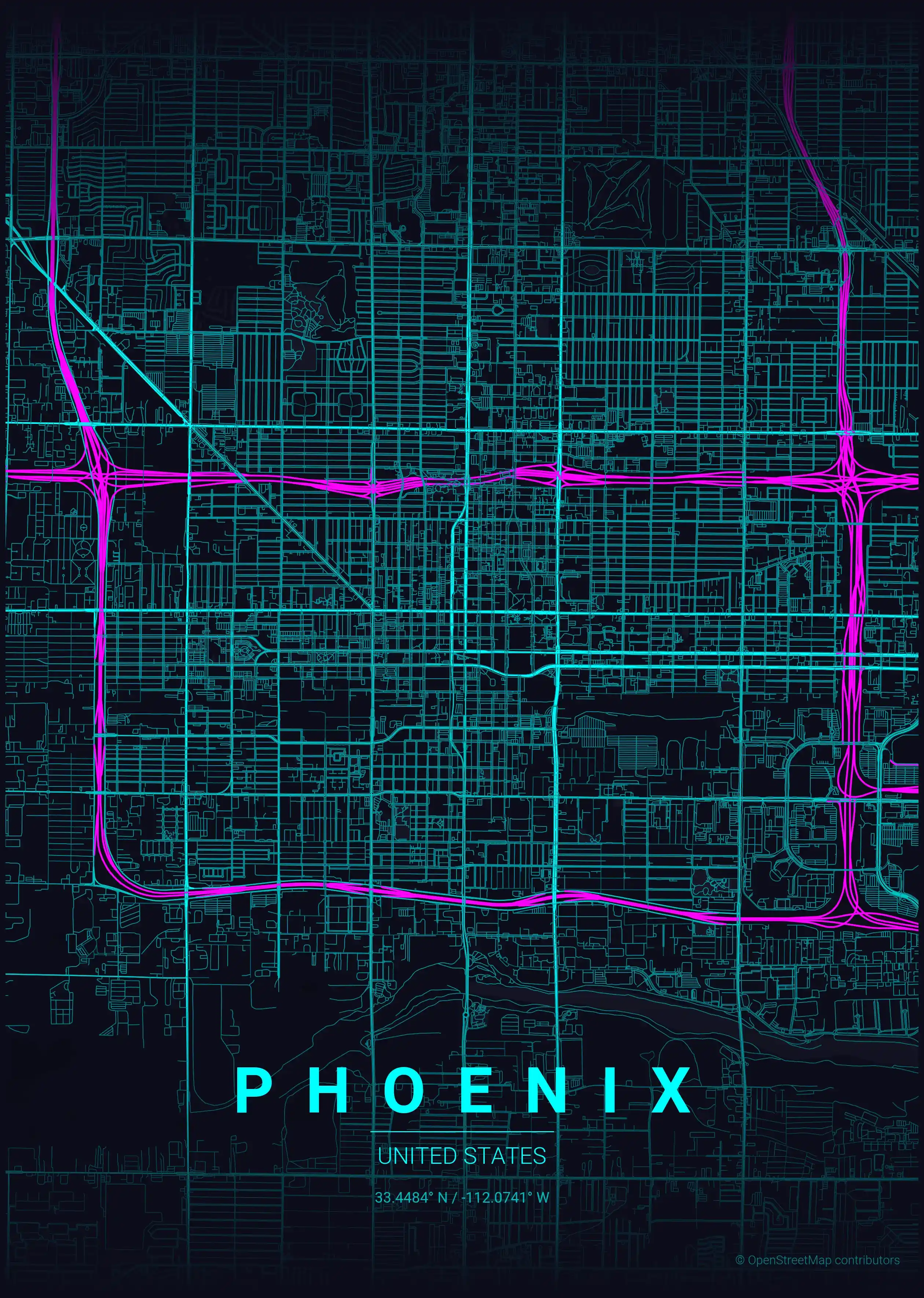 Minimalist neon_cyberpunk street map of Phoenix, United States - Urban grid art