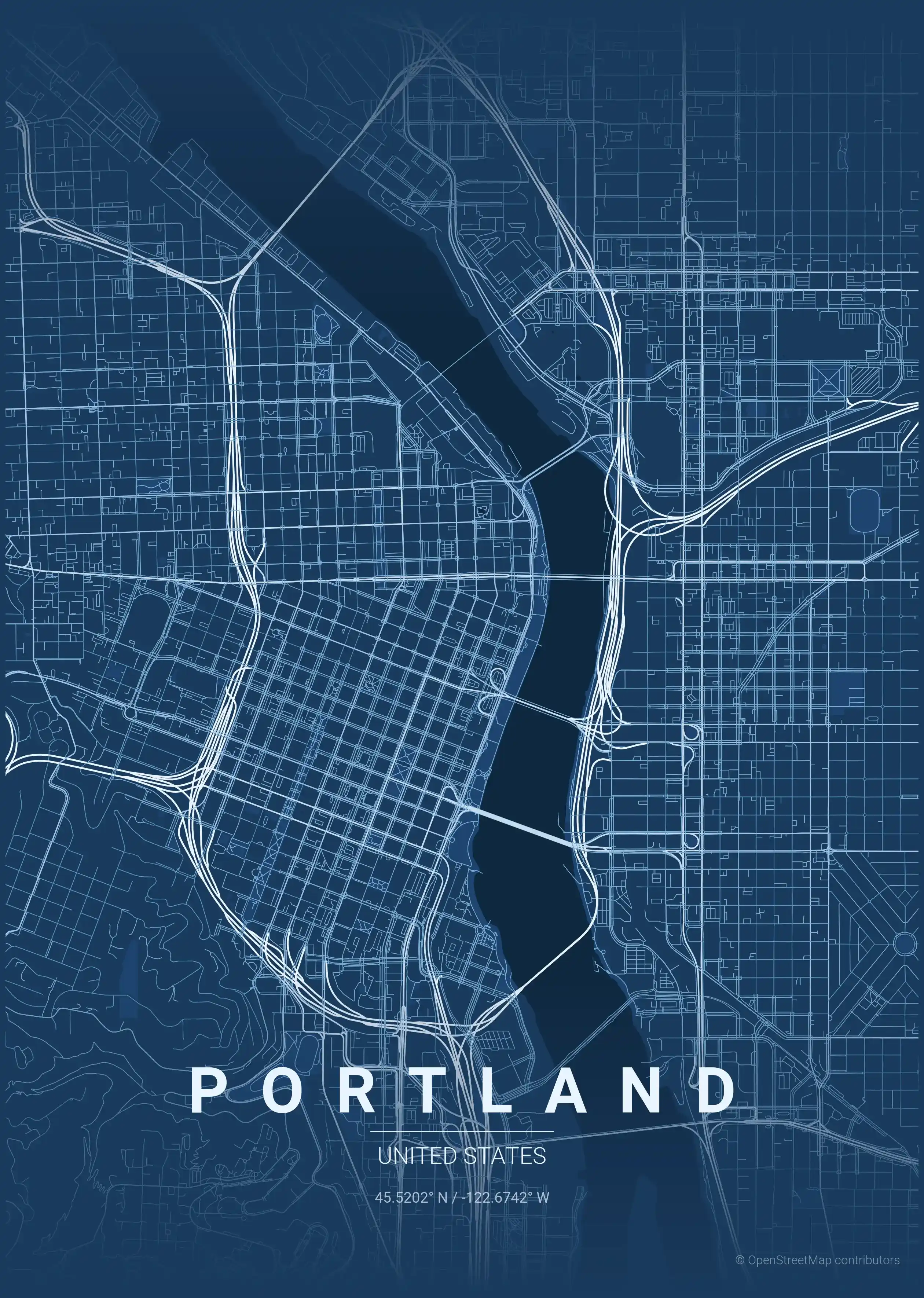 Minimalist blueprint street map of Portland, United States - Urban grid art