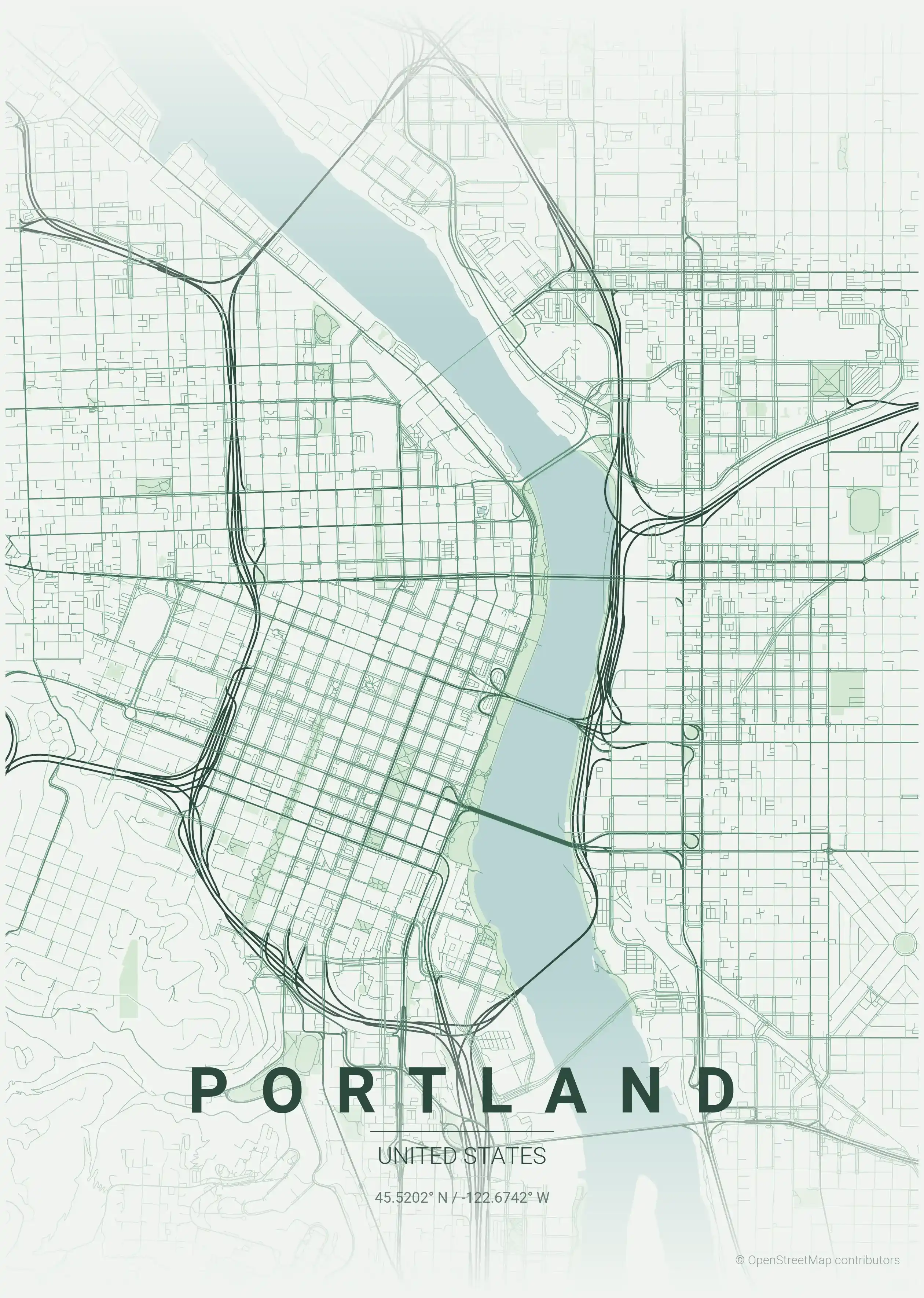 Minimalist forest street map of Portland, United States - Urban grid art