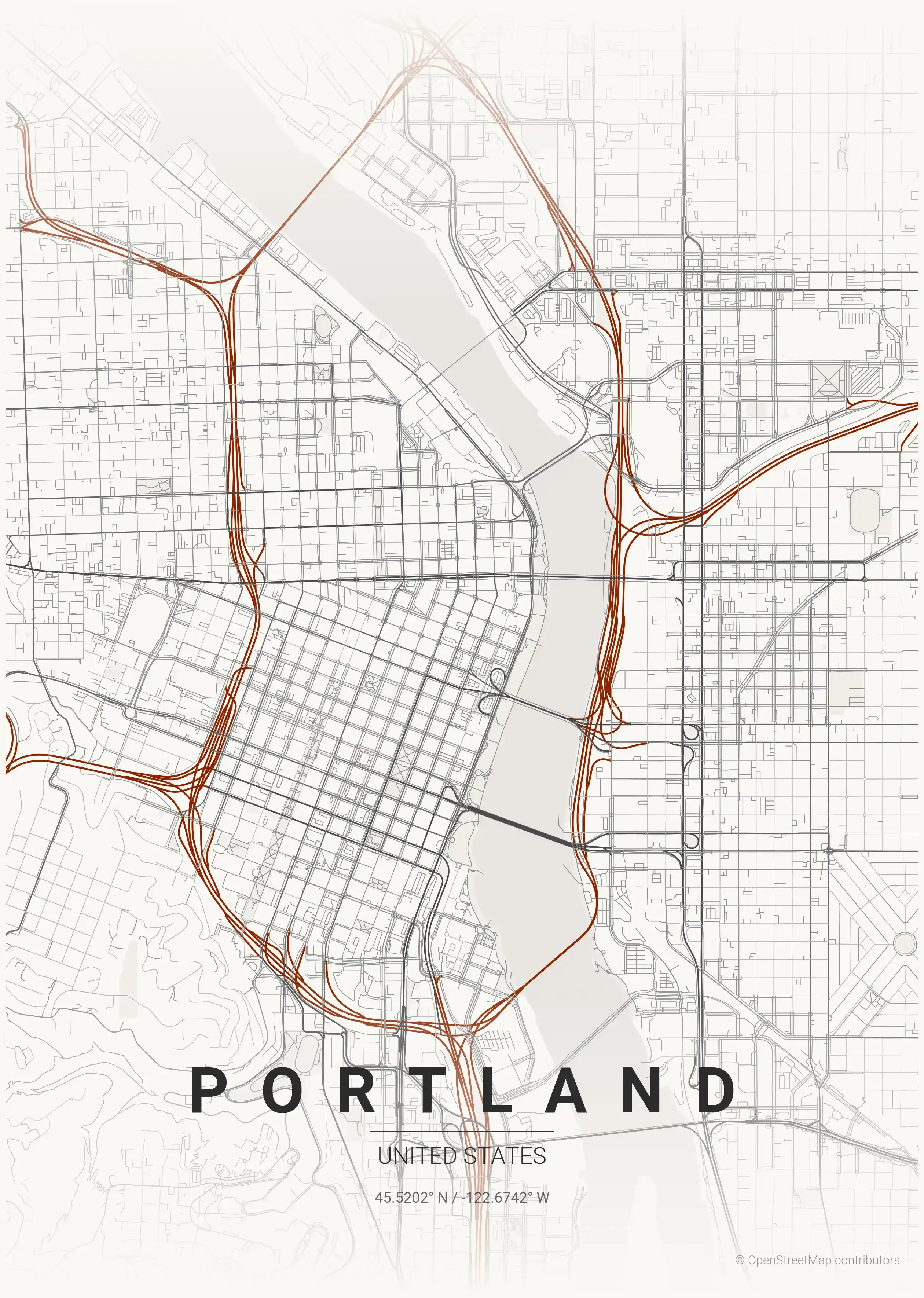 Minimalist japanese_ink street map of Portland, United States - Urban grid art