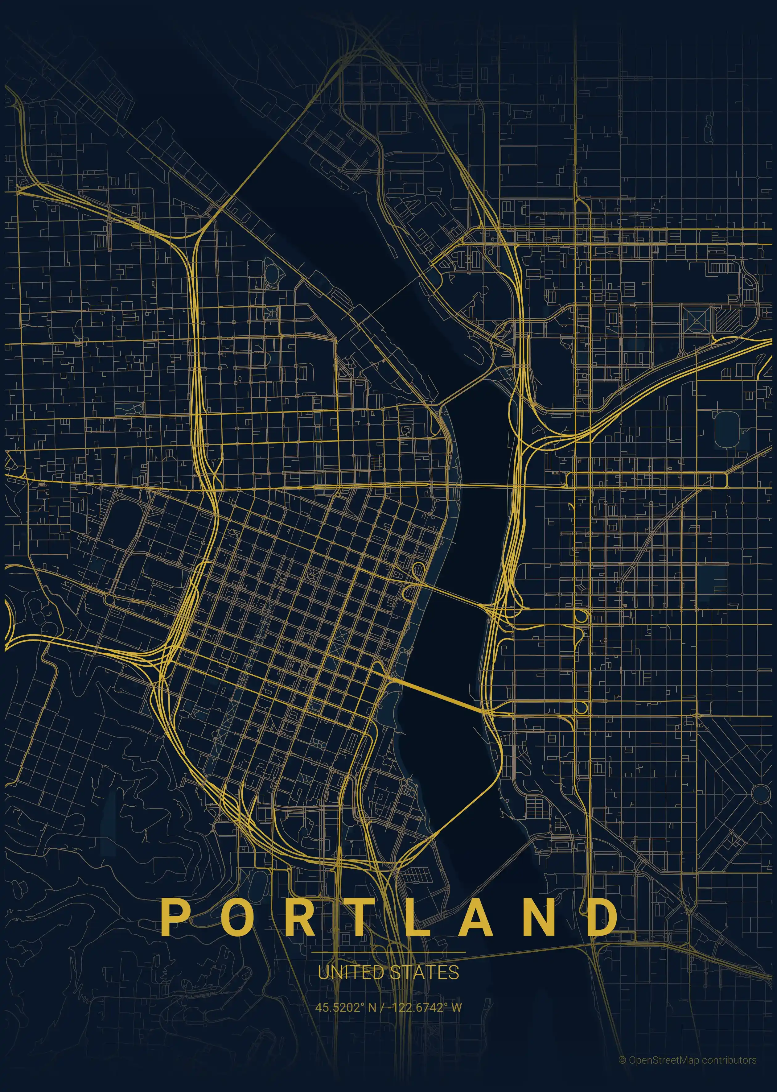 Minimalist midnight_blue street map of Portland, United States - Urban grid art